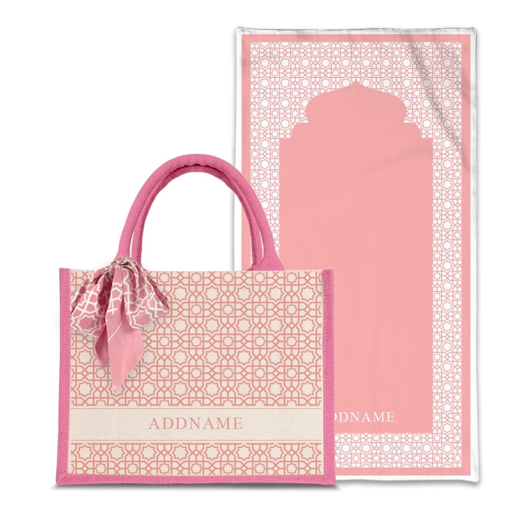 Annas Series Prayer Mat with Half Lining Small Jute Bag-Light Pink