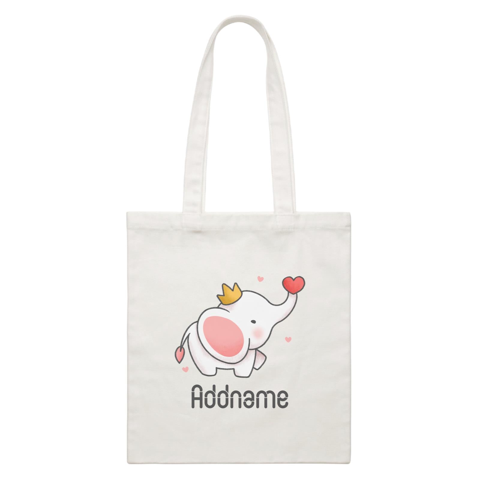 Cute Hand Drawn Style Baby Elephant with Heart and Crown Addname White Canvas Bag