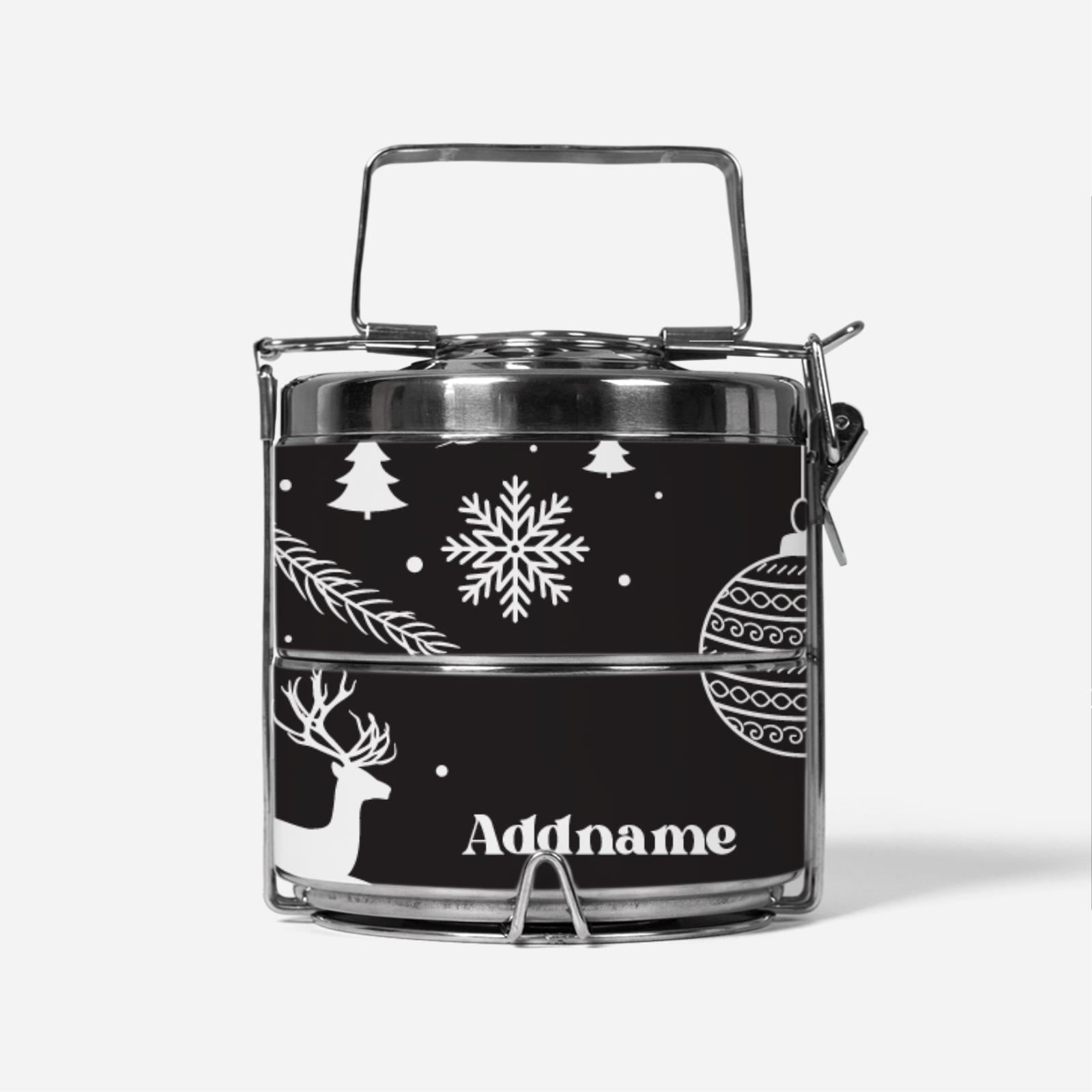 Christmas Series Premium Two Tier Tiffin Carrier - Jubilant Reindeers Black