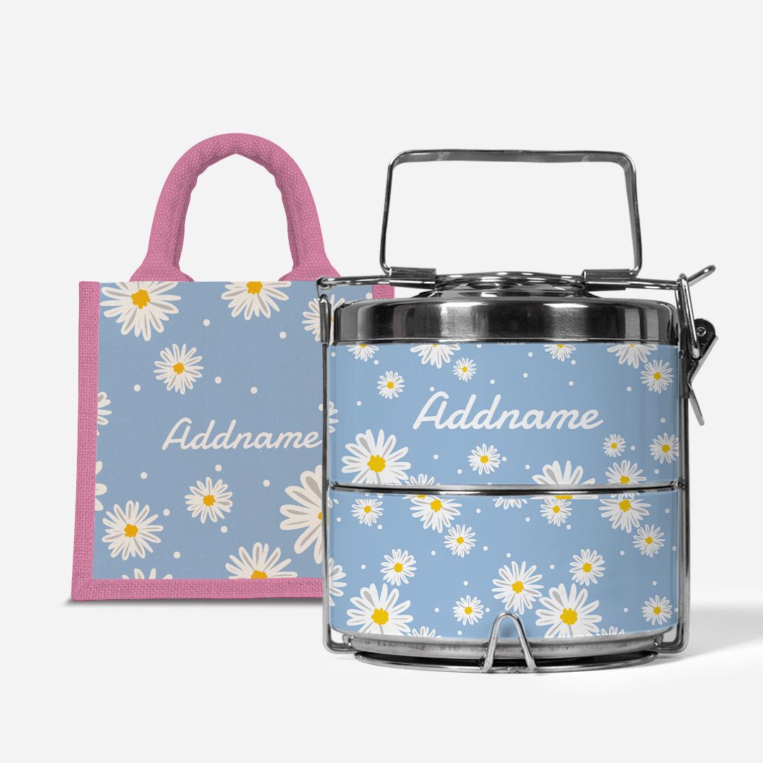 Daisy Series Half Lining Lunch Bag Wtih Premium Two Tier Tiffin Carrier - Frost