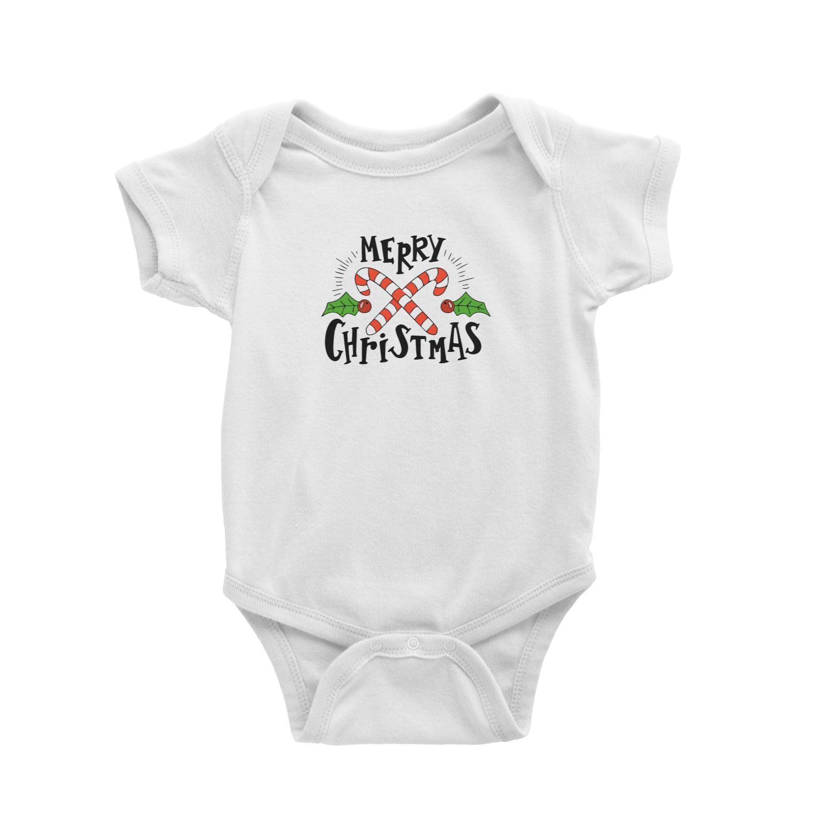 Merry Chrismas with Holly and Candy Cane Greeting Baby Romper Christmas Matching Family Lettering