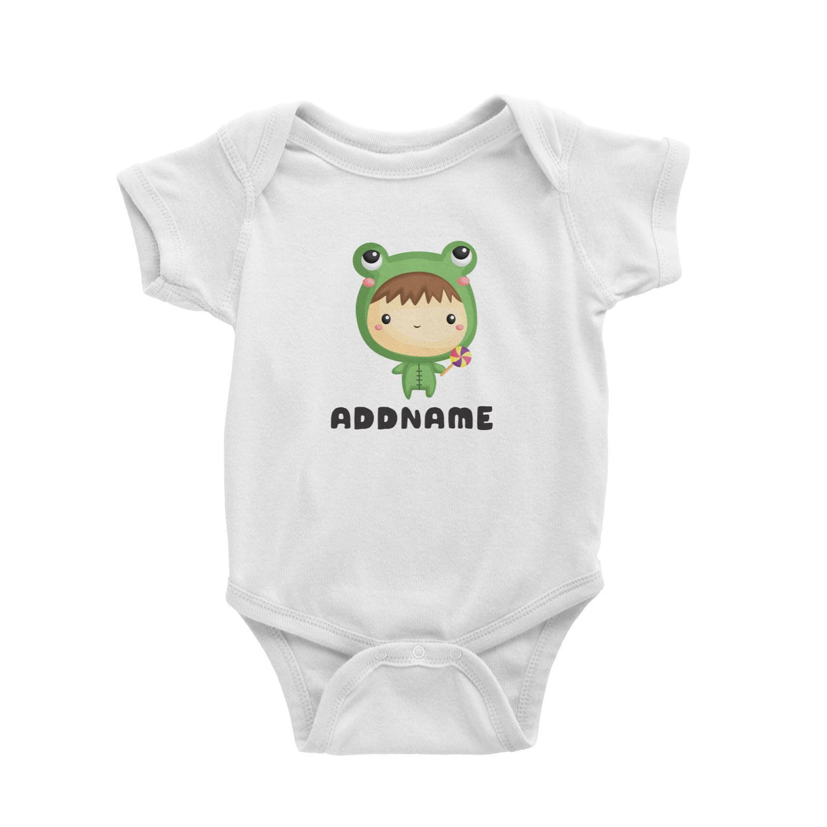 Birthday Frog Baby Boy Wearing Frog Suit Holding Lolipop Addname Baby Romper