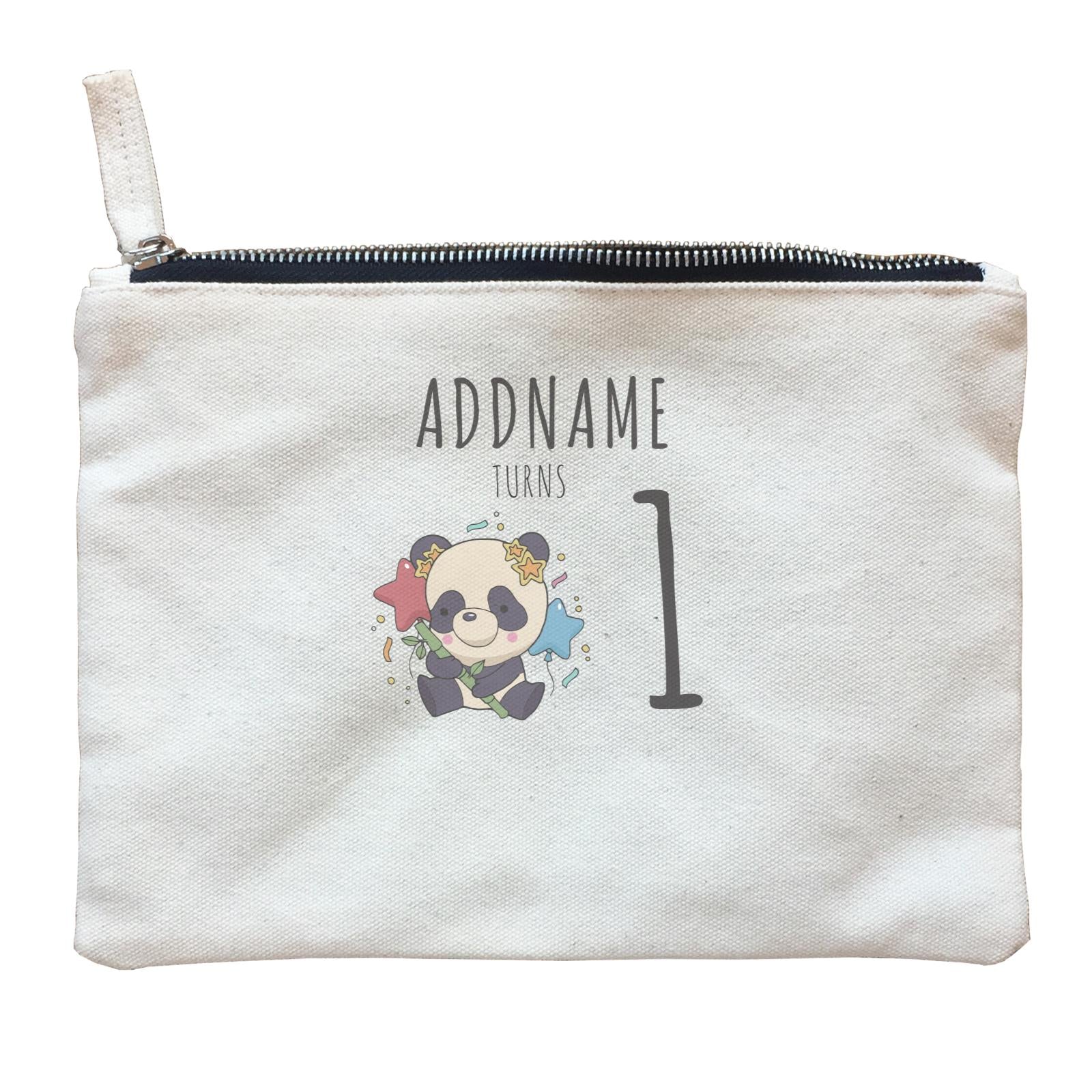 Birthday Sketch Animals Panda with Party Hat Holding Bamboo Addname Turns 1 Zipper Pouch