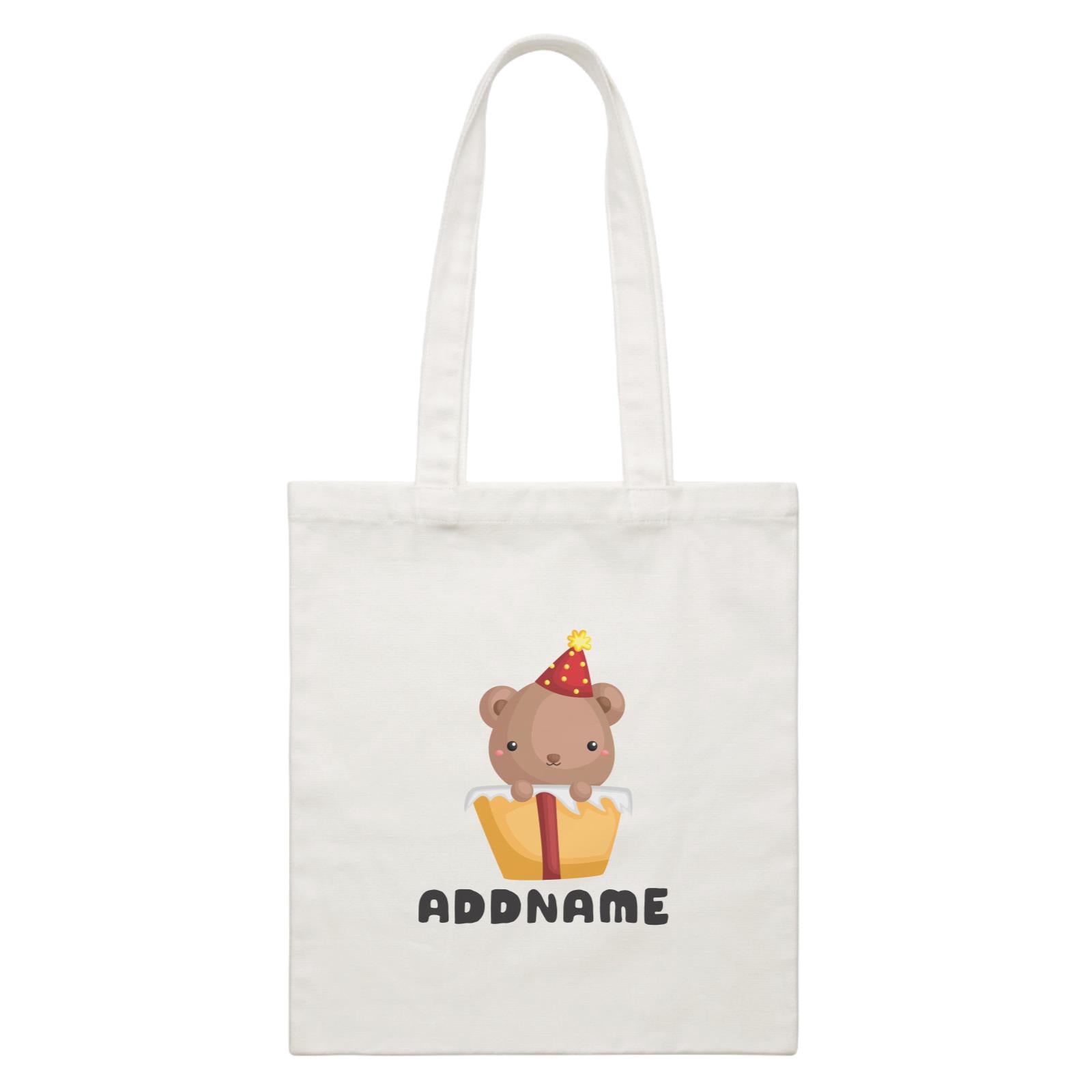 Birthday Friendly Animals Happy Bear Inside Present Box Addname White Canvas Bag