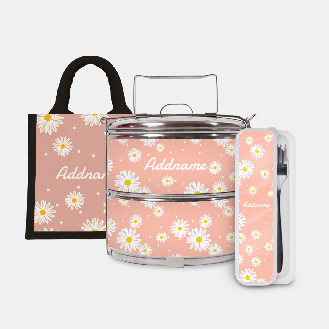 Daisy Series Half Lining Lunch Bag, Standard Two Tier Tiffin Carrier And Cutlery Set - Coral Black