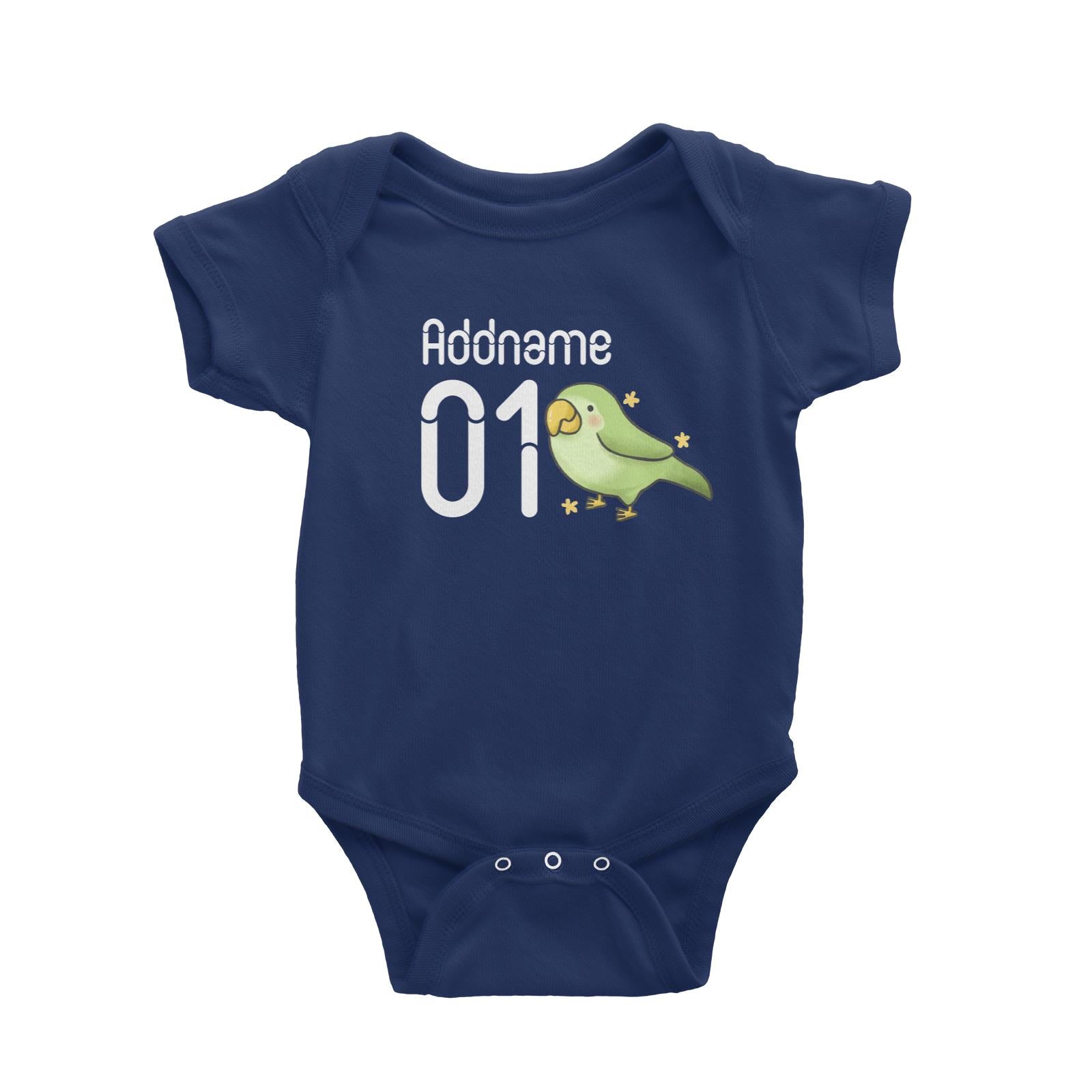 Name and Number Cute Hand Drawn Style Parrot Baby Romper