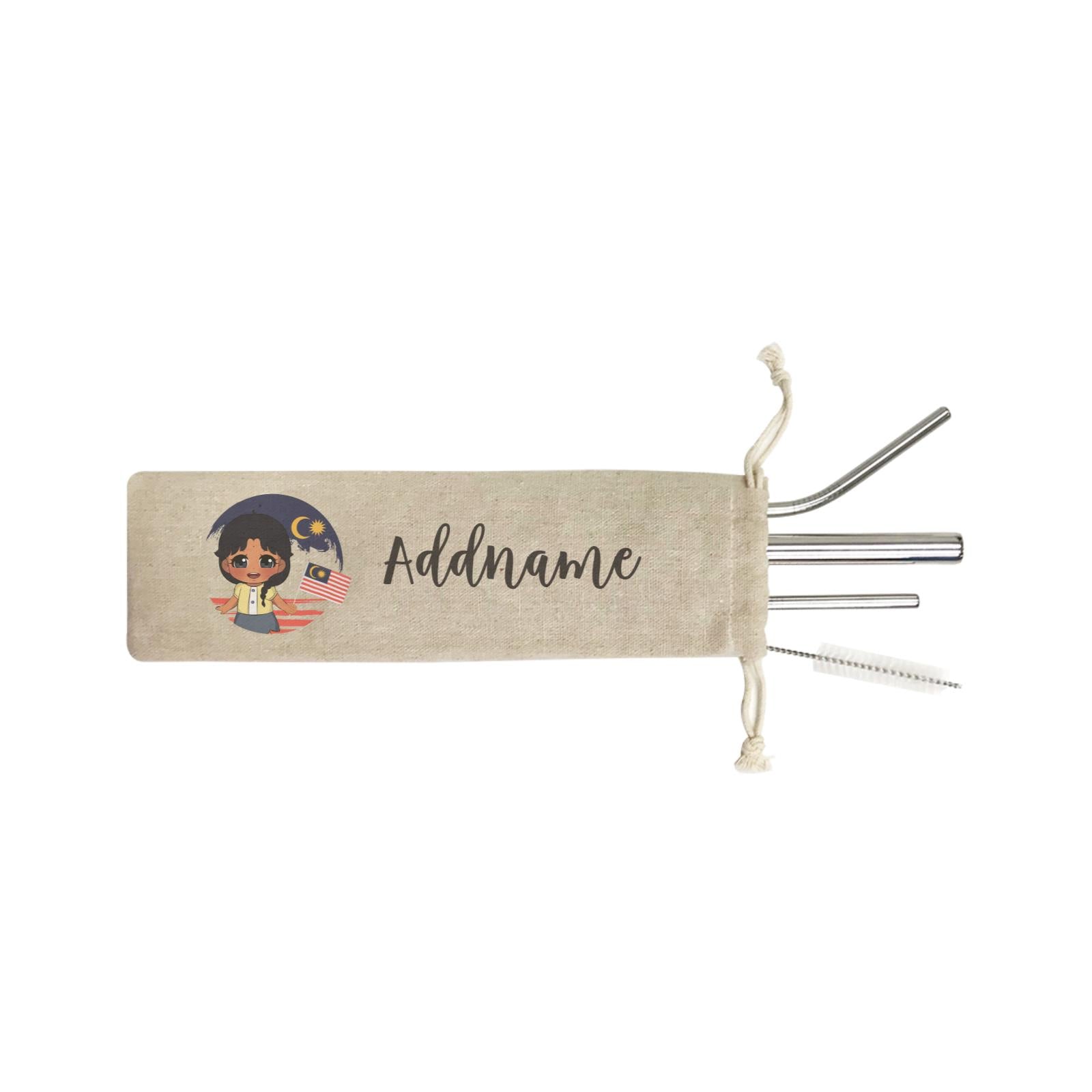 Merdeka Series Round Flag Indian Girl Addname SB 4-In-1 Stainless Steel Straw Set in Satchel