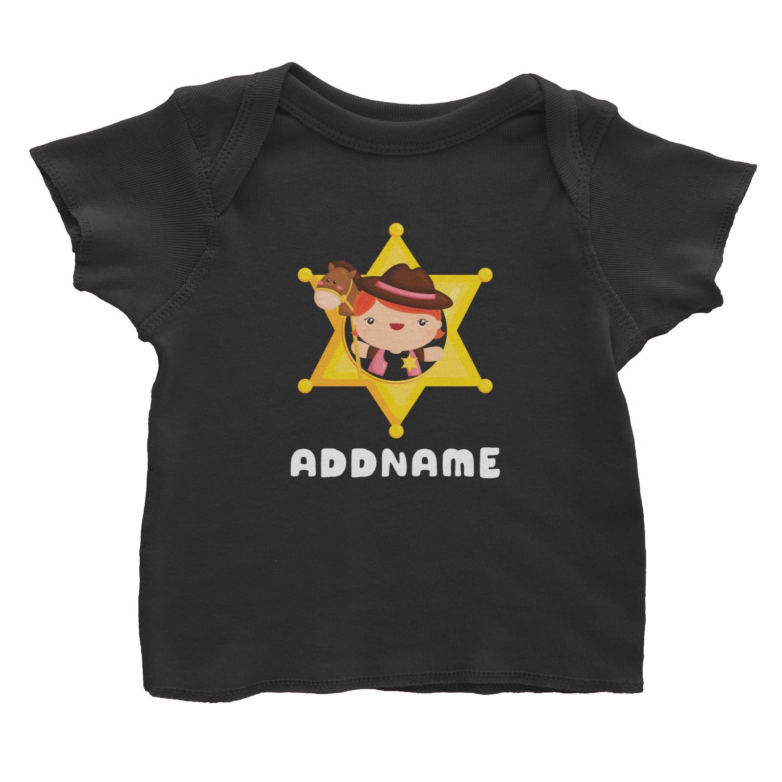 Birthday Cowboy Style Little Cowgirl Holding Toy Horse In Star Badge Addname Baby T-Shirt