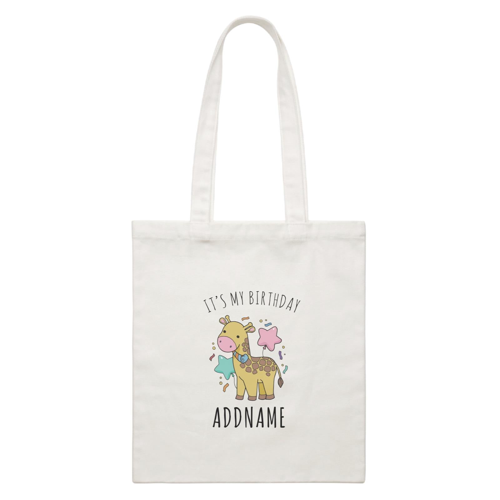Birthday Sketch Animals Giraffe with Party Horn Addname White Canvas Bag