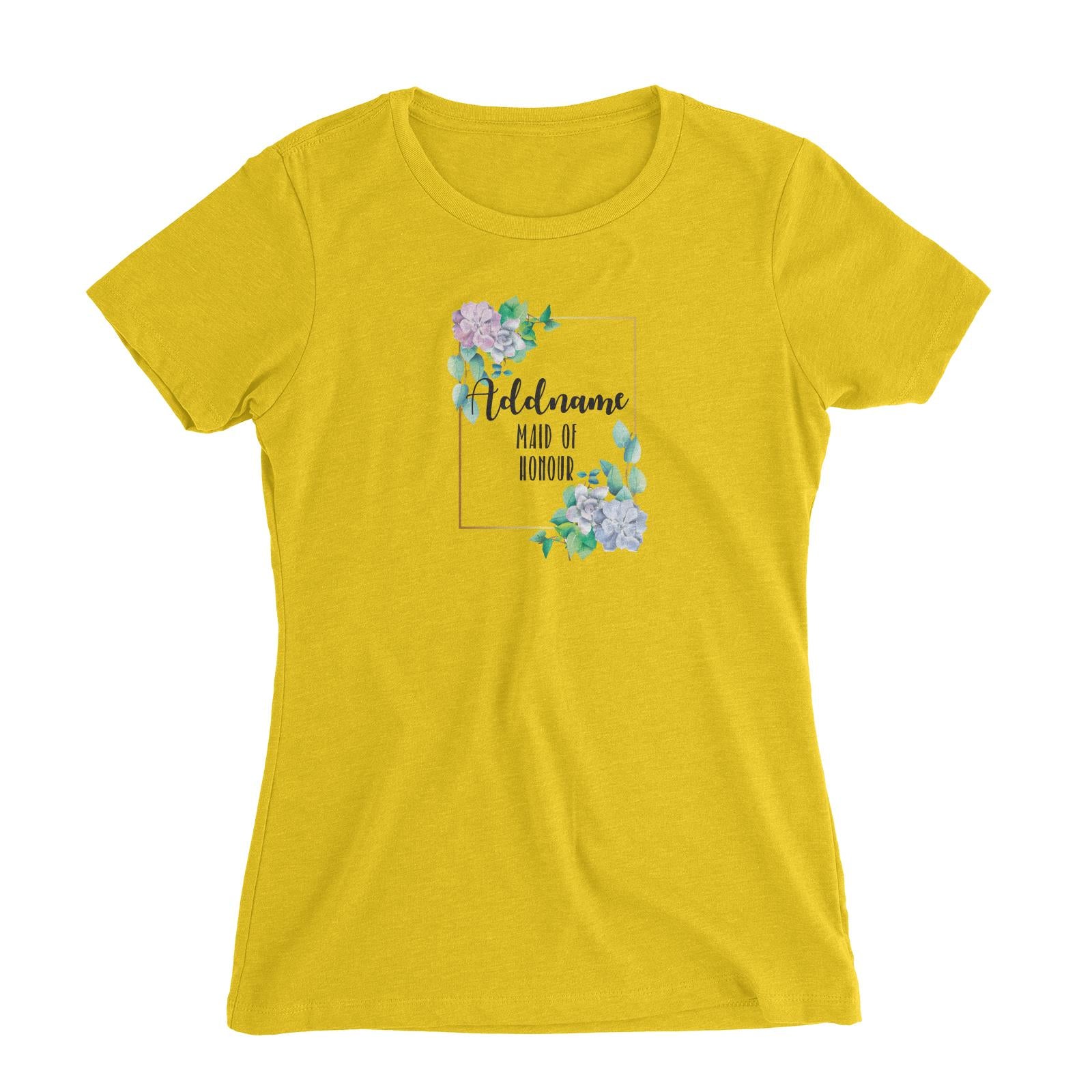 Bridesmaid Floral Modern Blue Flowers With Frame Maid Of Honour Addname Women Slim Fit T-Shirt