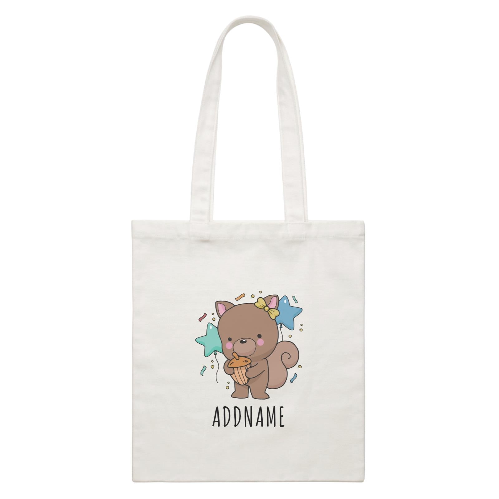 Birthday Sketch Animals Squirrel with Acorn Addname Turns 1 White Canvas Bag