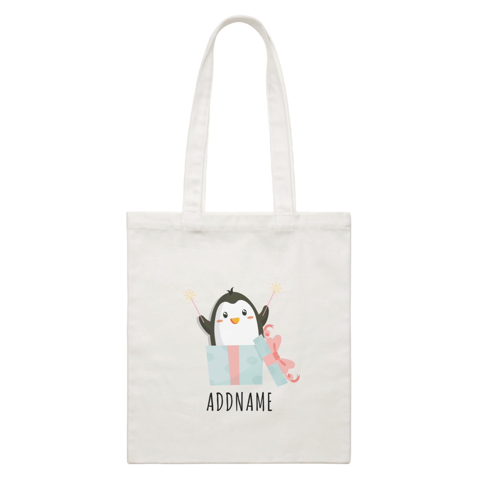 Birthday Cute Penguin Taking Fireworks In Present Box Addname White Canvas Bag