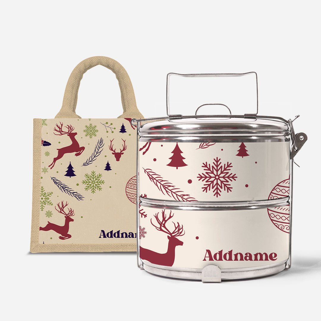 Christmas Series Standard Two Tier Tiffin  with Half Lining Lunch Bag Jubilant Reindeers Natural