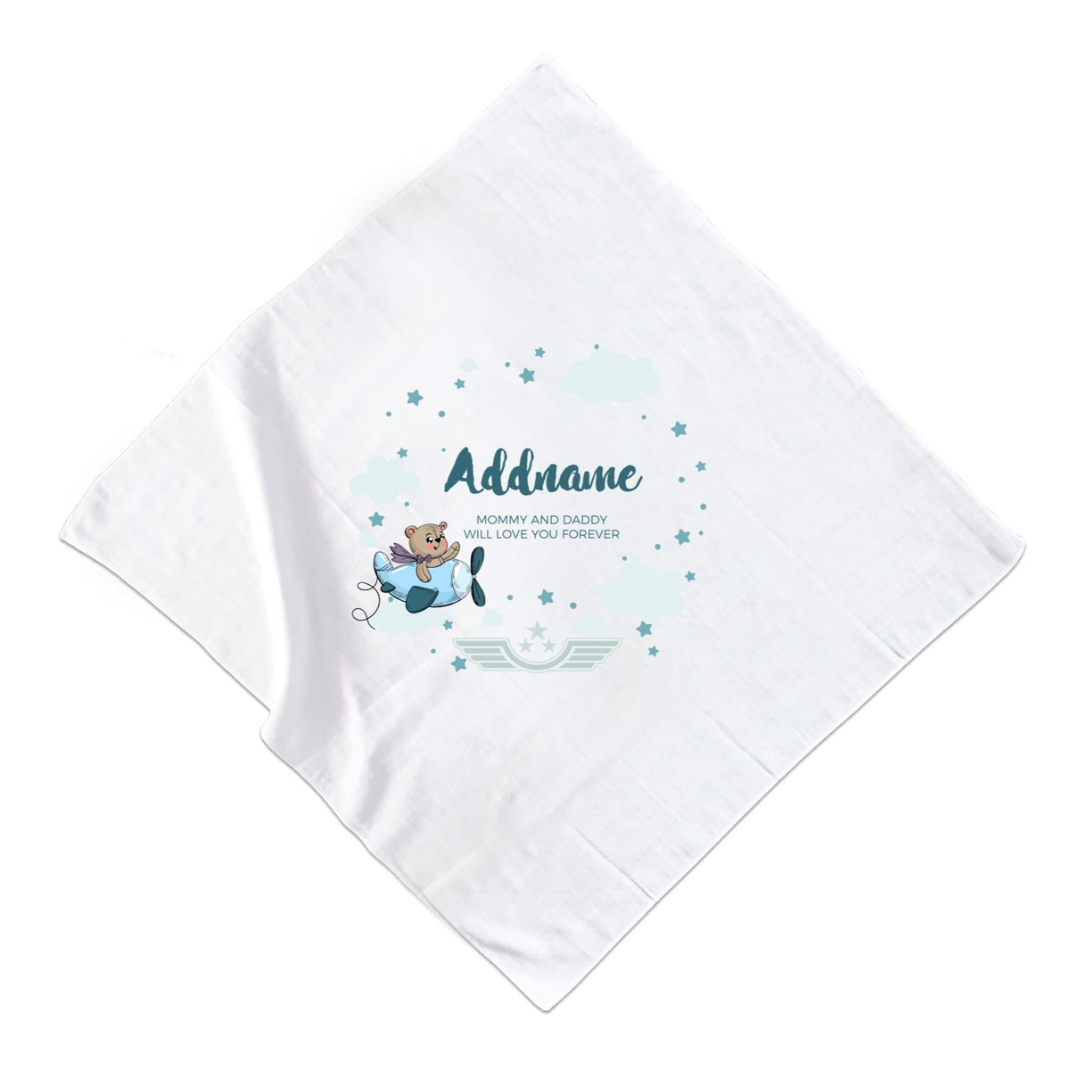 Cute Bear Pilot in Blue Plane Clouds and Stars Element Personalizable with Name and Text Muslin Square