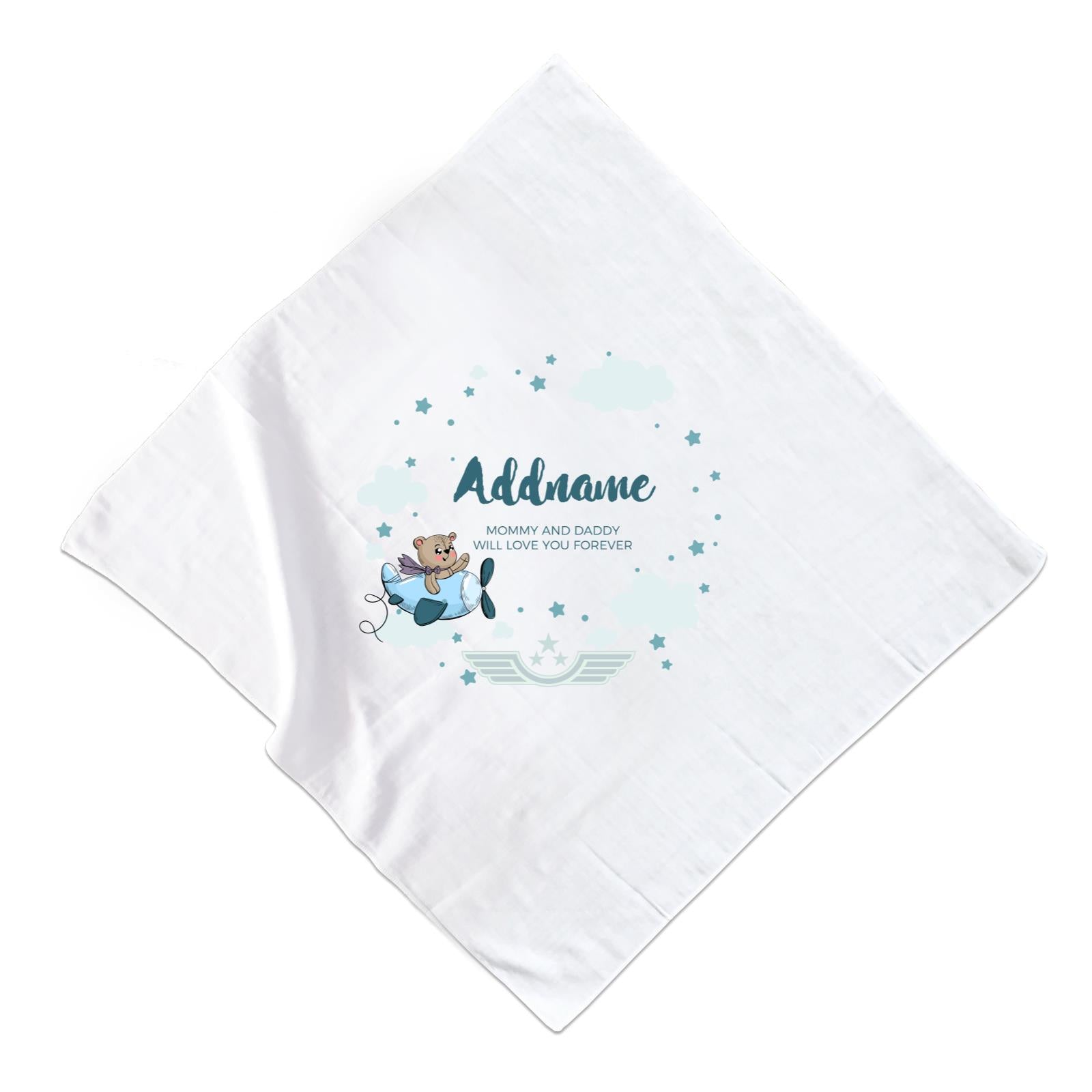 Cute Bear Pilot in Blue Plane Clouds and Stars Element Personalizable with Name and Text Muslin Square