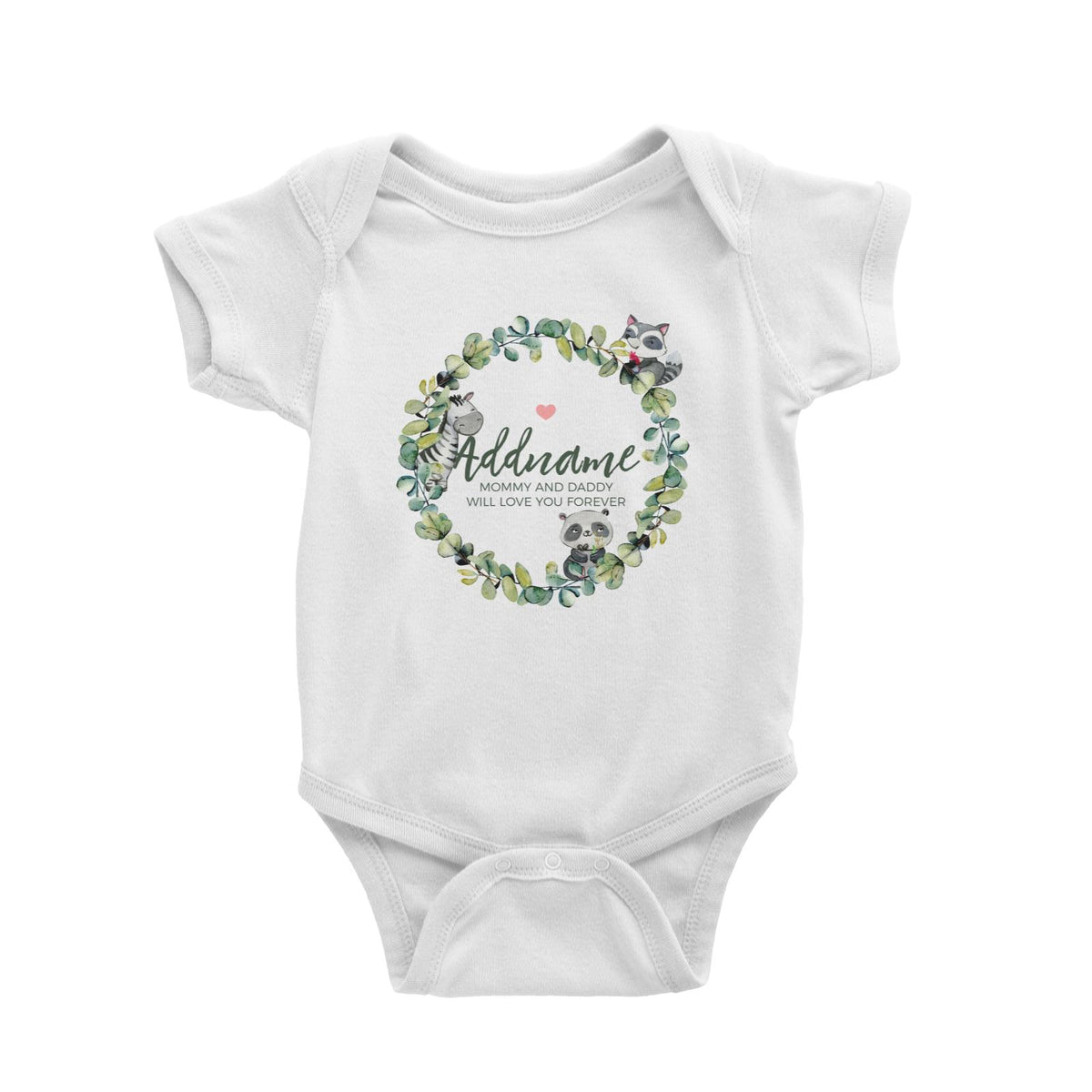 Watercolour Panda Zebra and Racoon Leaf Wreath Personalizable with Name and Text Baby Romper