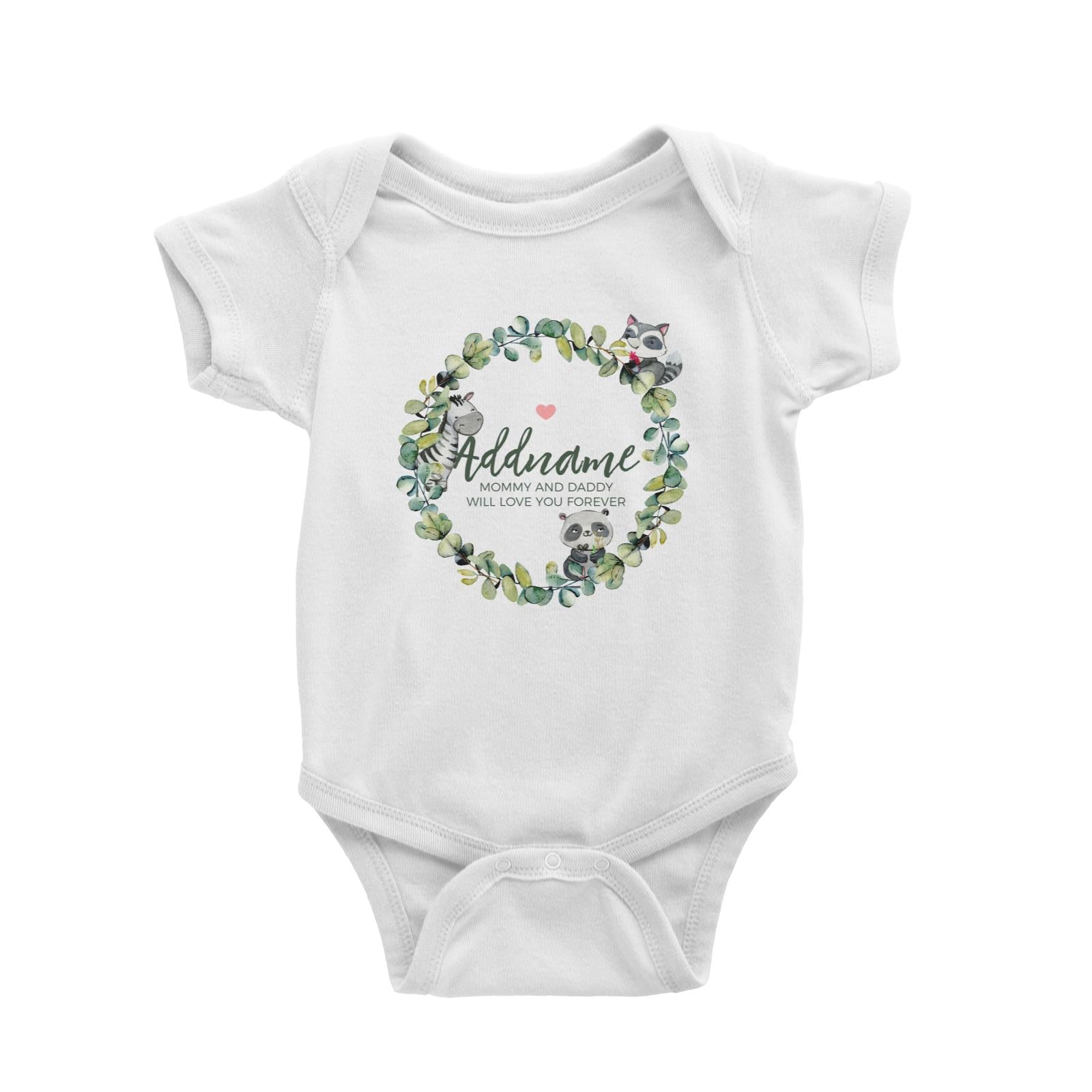 Watercolour Panda Zebra and Racoon Leaf Wreath Personalizable with Name and Text Baby Romper