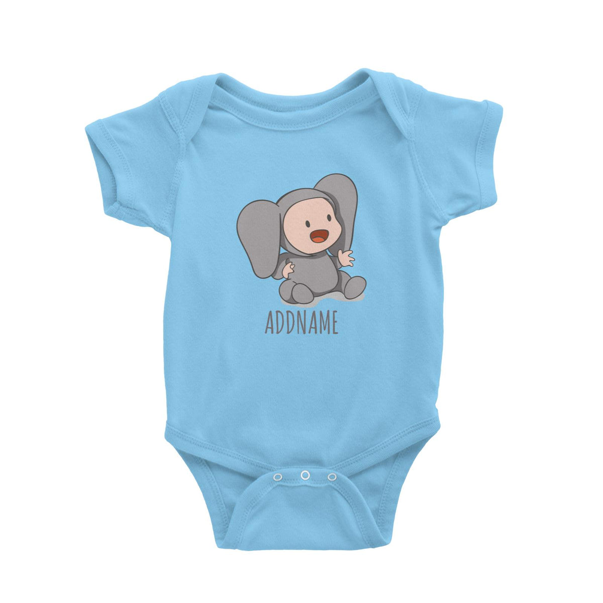 Cute Baby in Grey Elephant Suit Addname Baby Romper