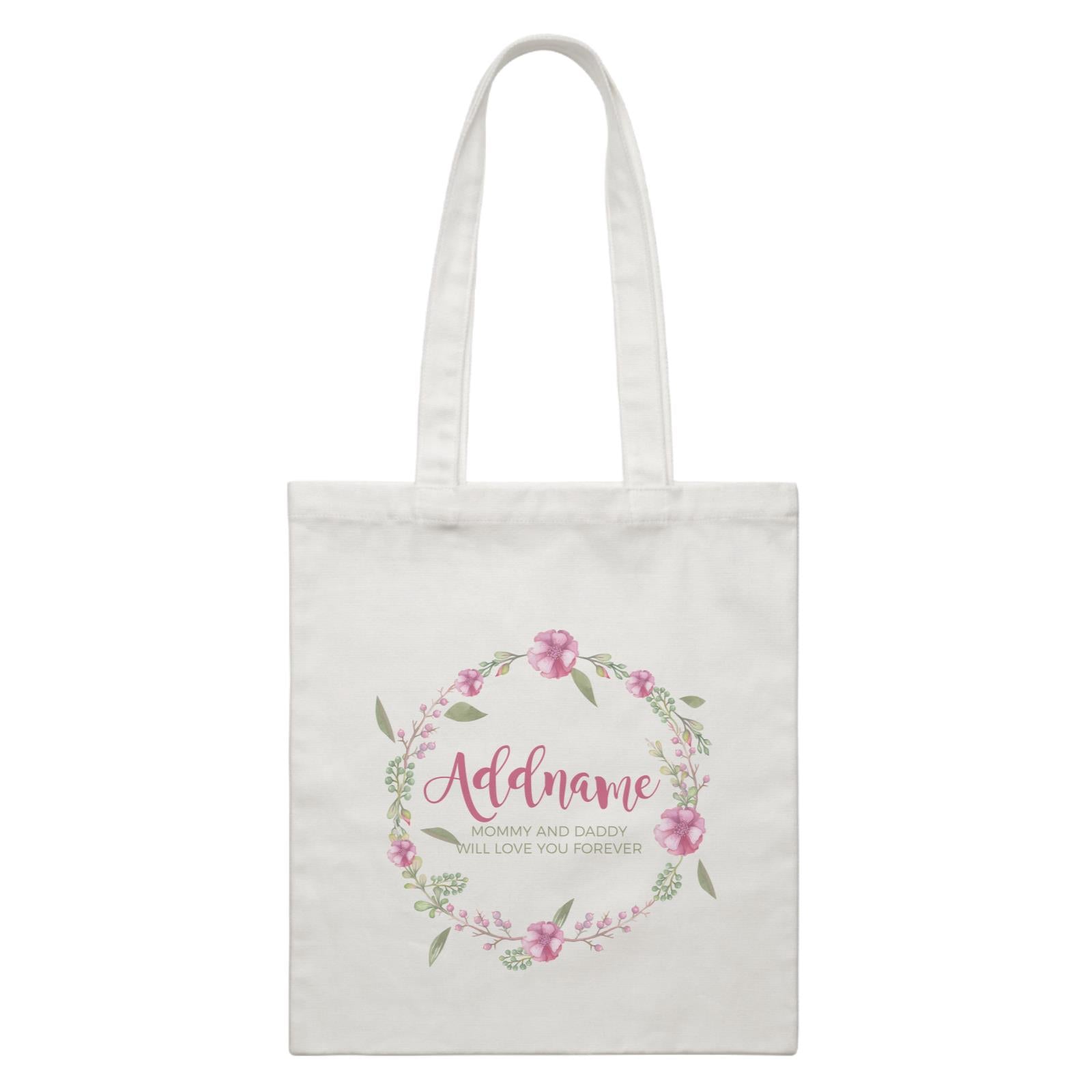 Pink Flower Wreath Personalizable with Name and Text White Canvas Bag