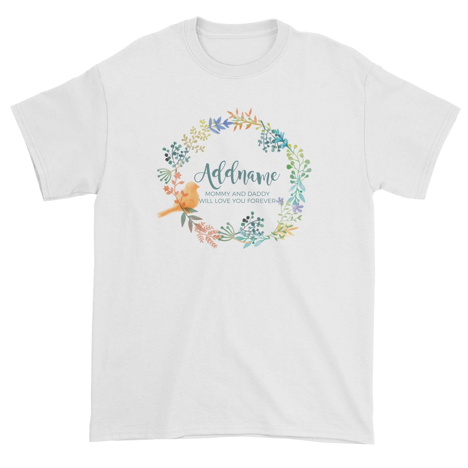Spring Flower with Bird Wreath Personalizable with Name and Text Unisex T-Shirt