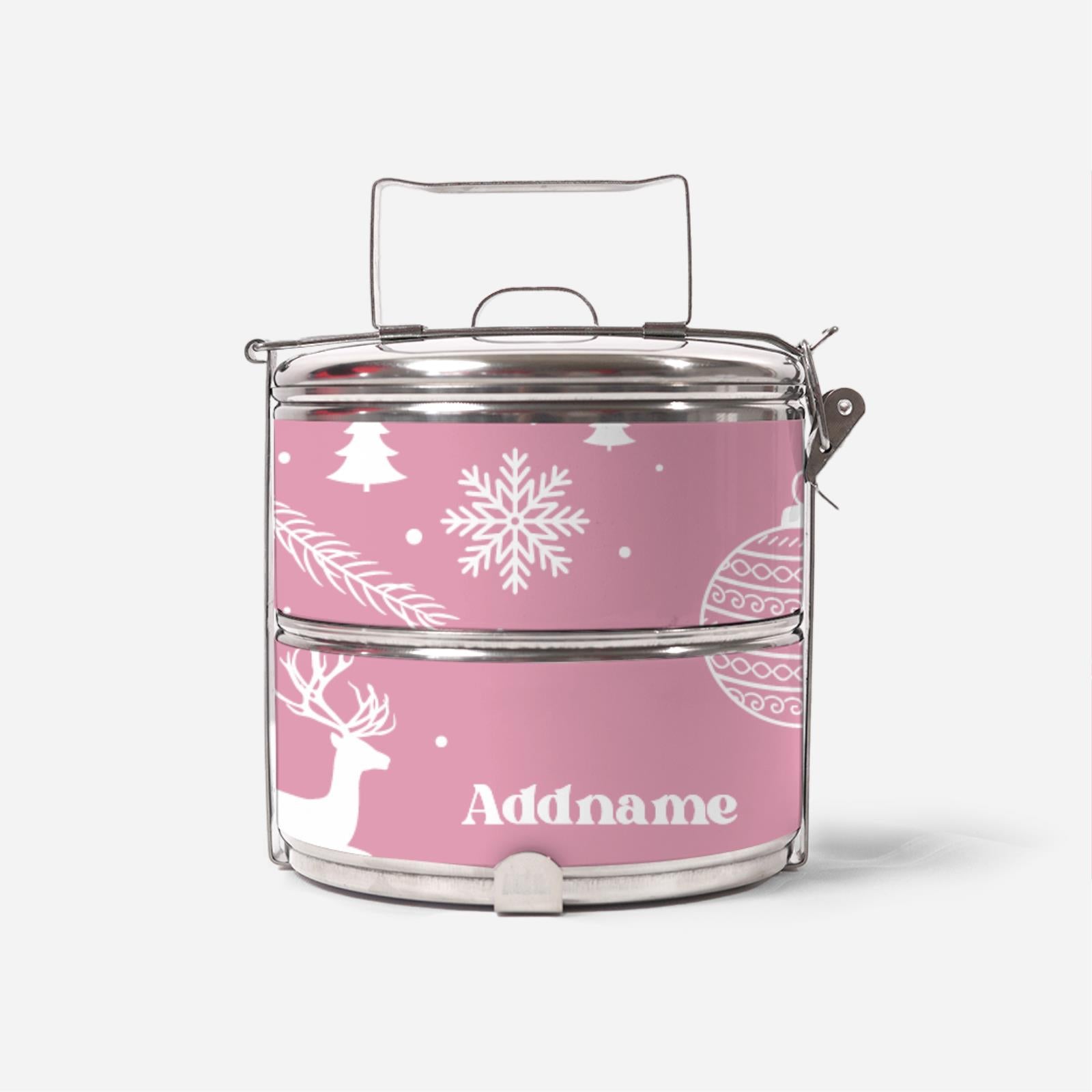 Christmas Series Standard Two Tier Standard Two Tier Tiffin Carrier - Jubilant Reindeers Light Pink
