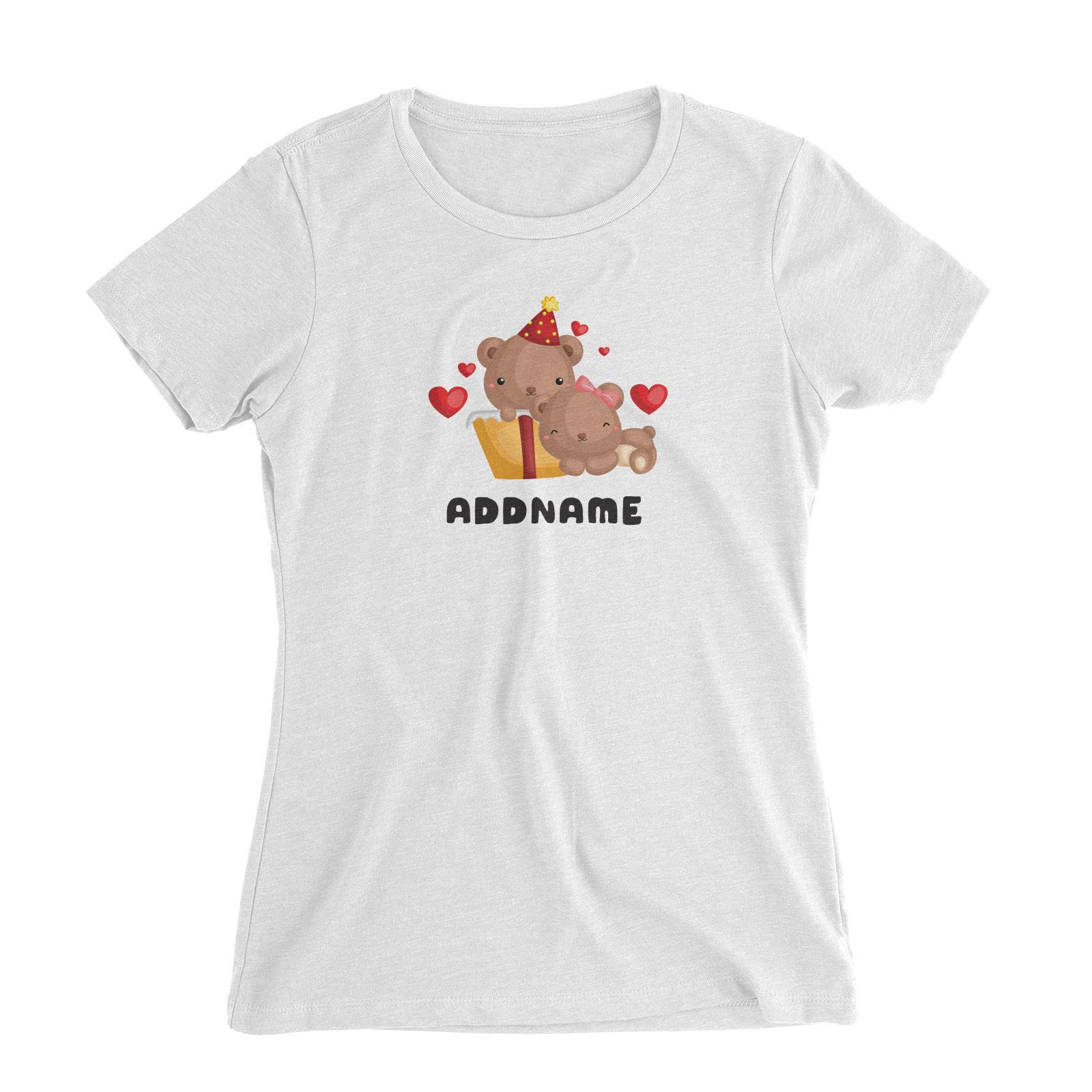 Birthday Friendly Animals Happy Two Bears Open Present Addname Women's Slim Fit T-Shirt
