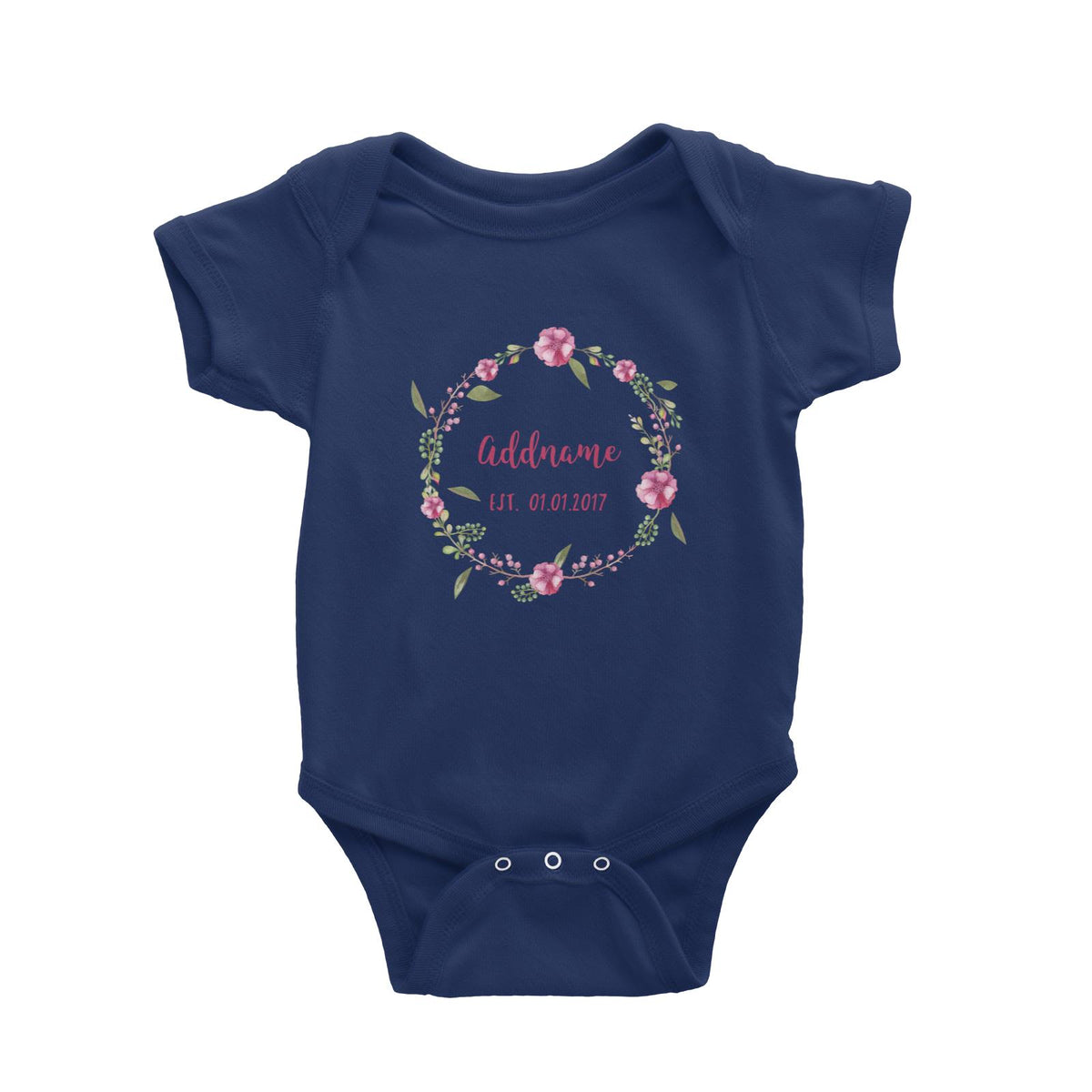 Add Name and Add Date in Pink Flower Wreath Baby Romper