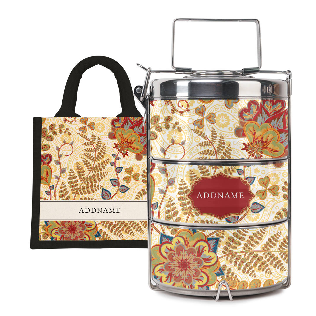 Batik Mawar - Lunch Tote Bag with Three-Tier Tiffin Carrier