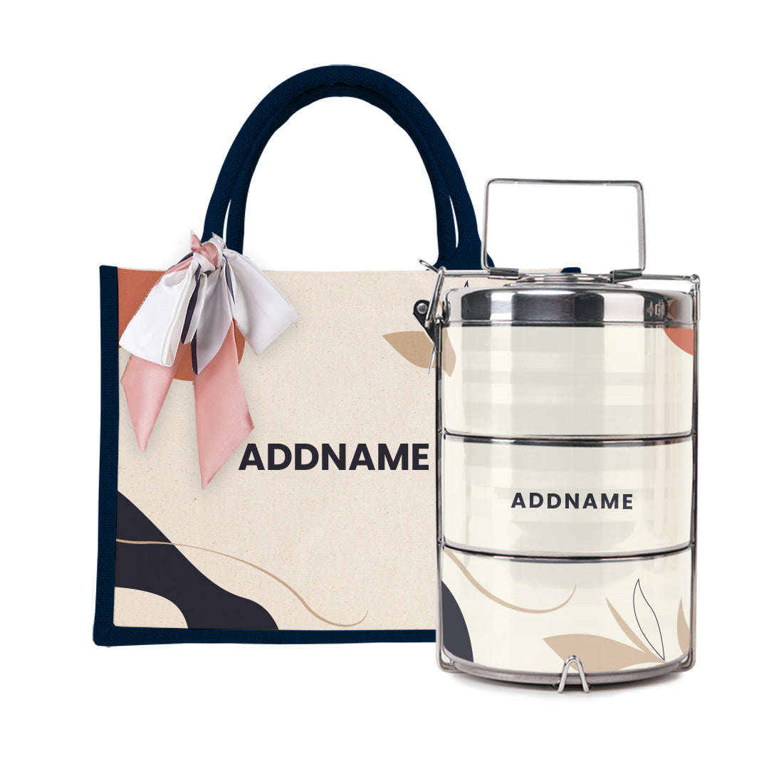 Charlotte Series - Calico Half Lining Small Jute Bag with Tiffin Carrier