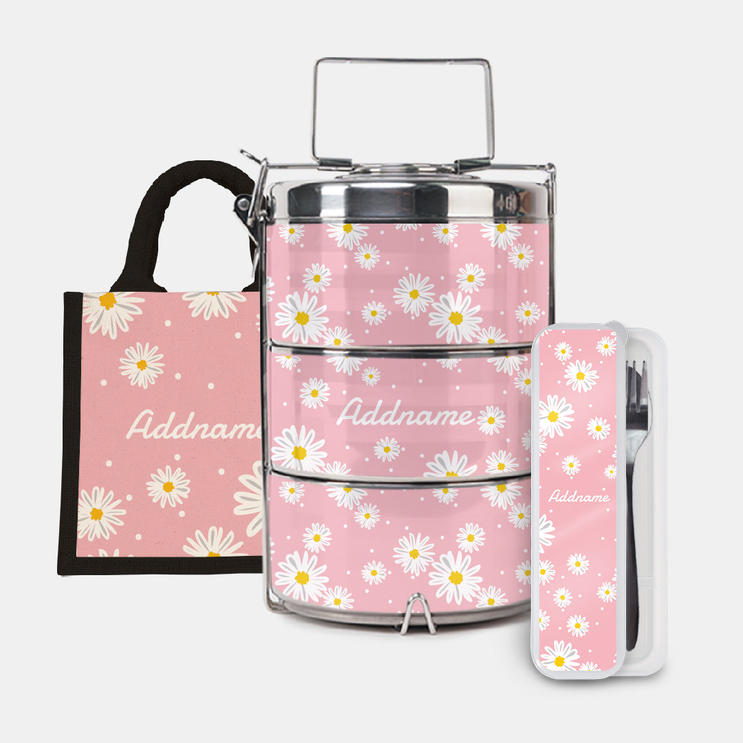 Daisy Series Half Lining Lunch Bag, Premium Tiffin Carrier And Cutlery Set - Blush Black