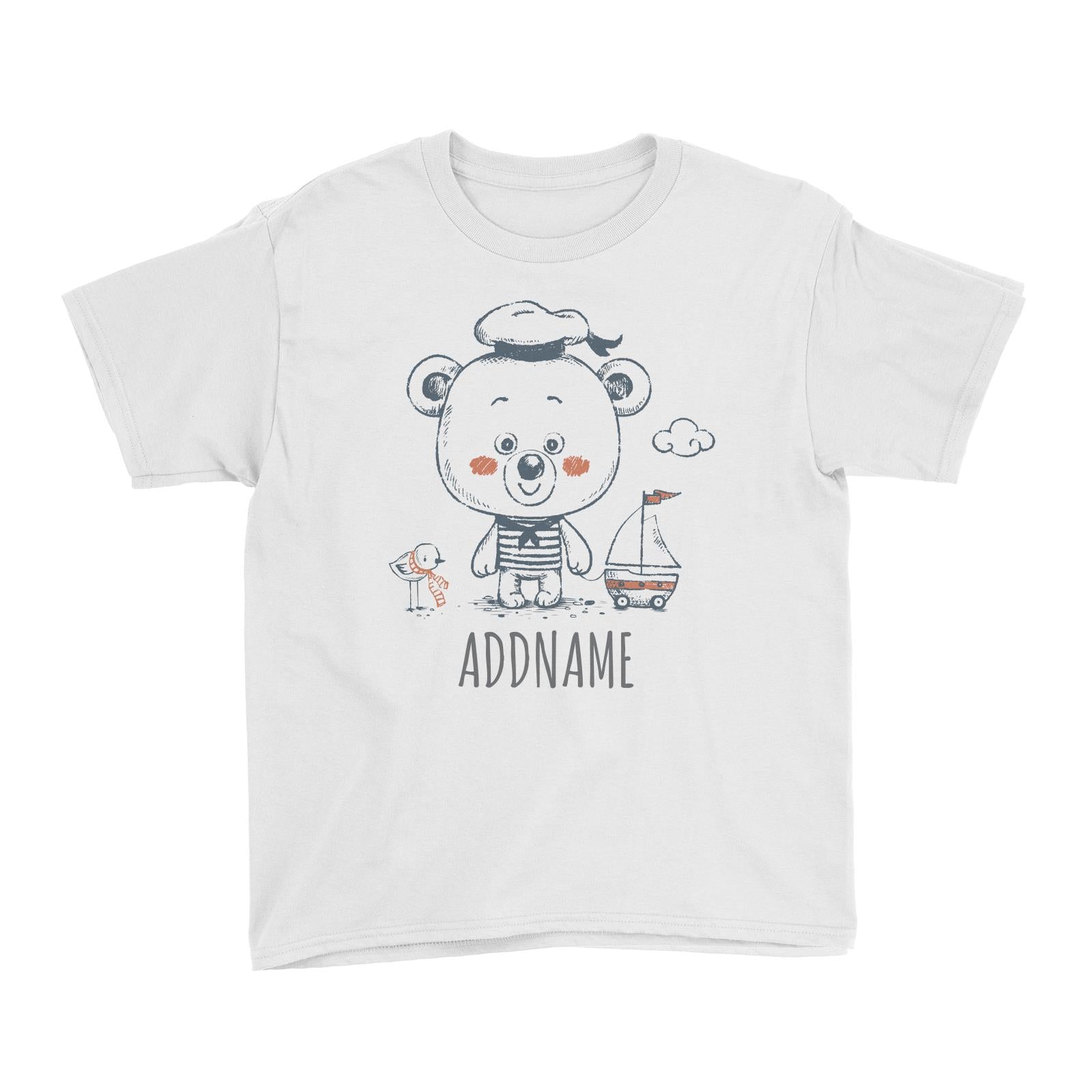Sailor Bear with Toy Boat White Kid's T-Shirt Personalizable Designs Cute Sweet Animal For Boys HG