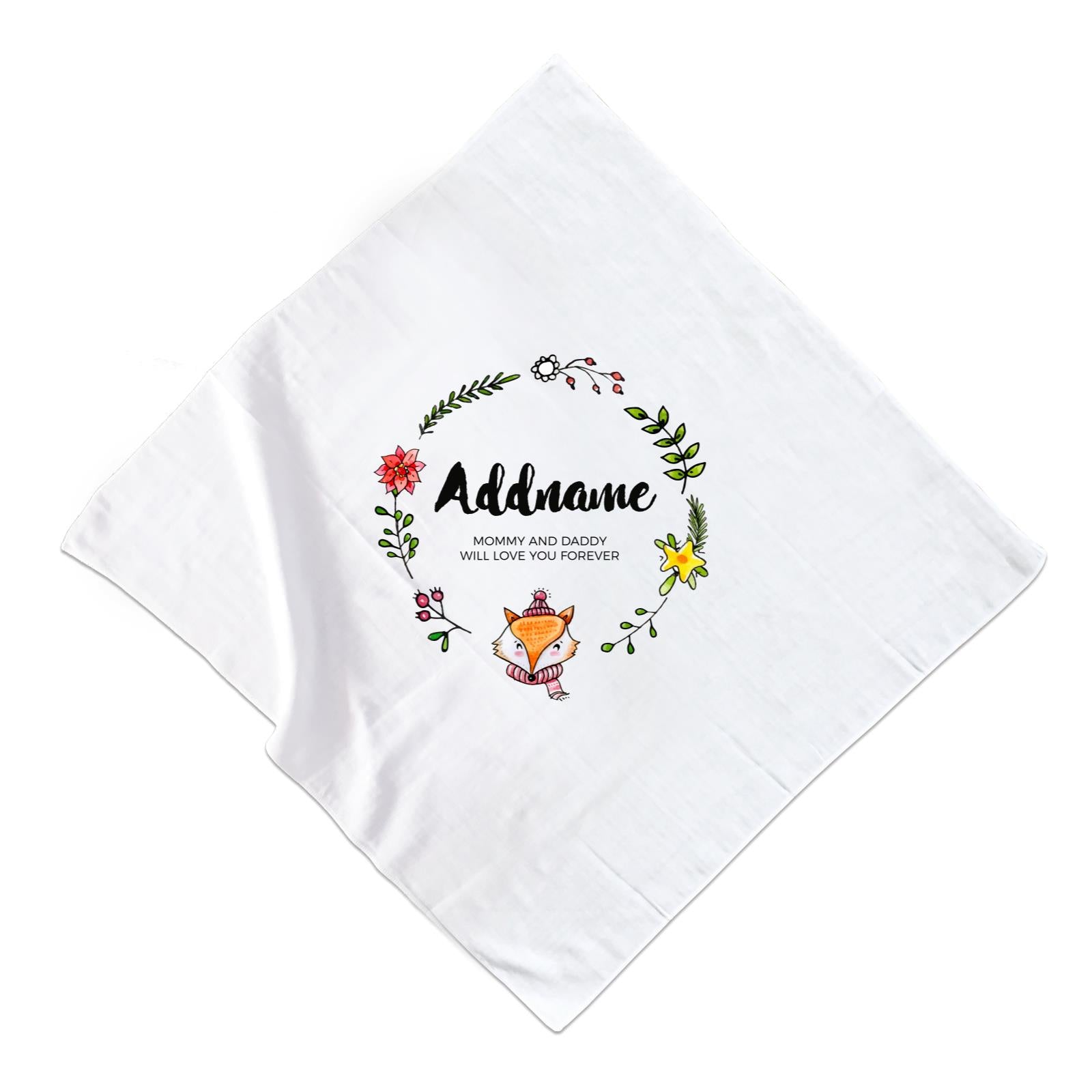 Doodle Green Wreath with Cute Fox Personalizable with Name and Text Muslin Square