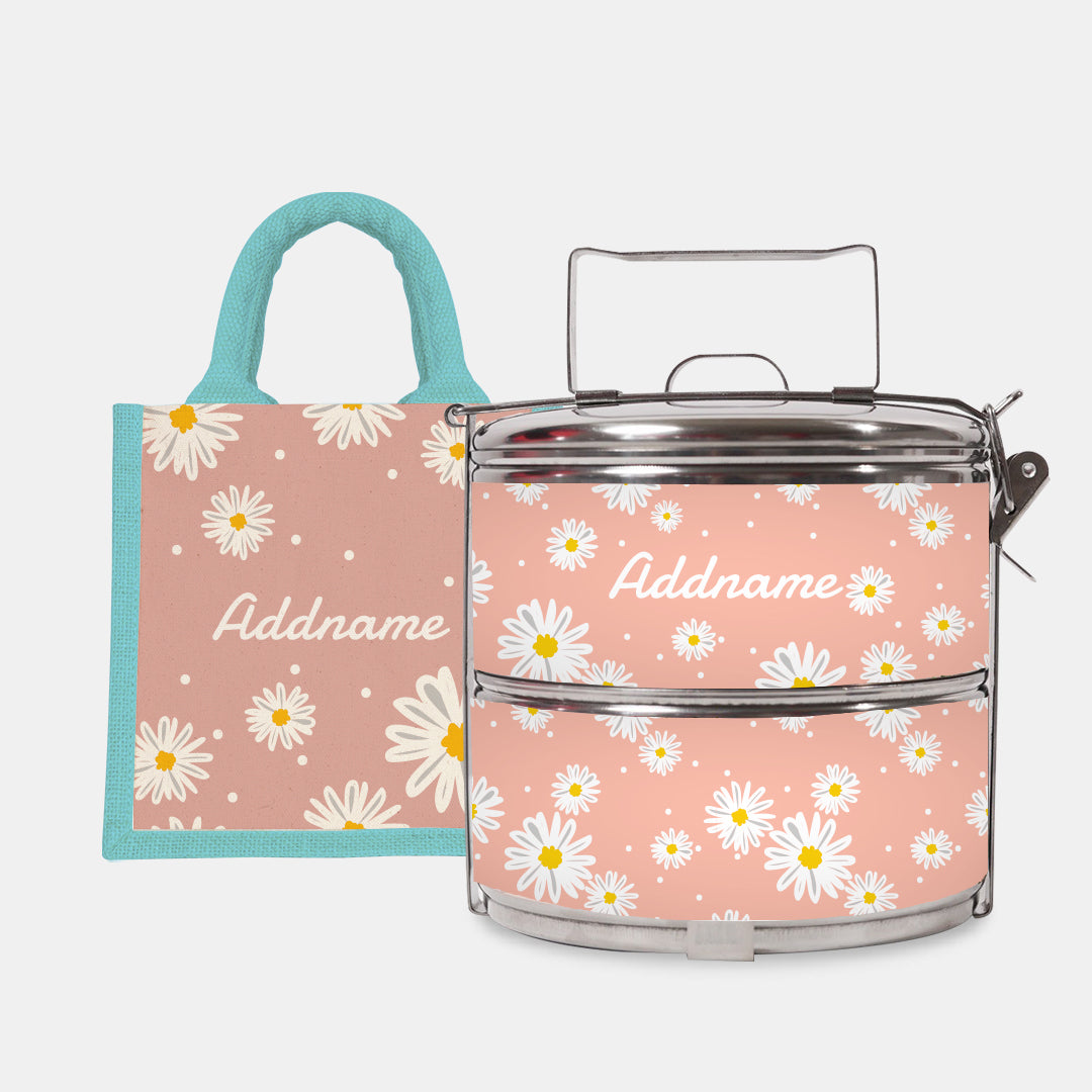 Daisy Series Half Lining Lunch Bag Wtih Standard Two Tier Tiffin Carrier - Coral Light Blue