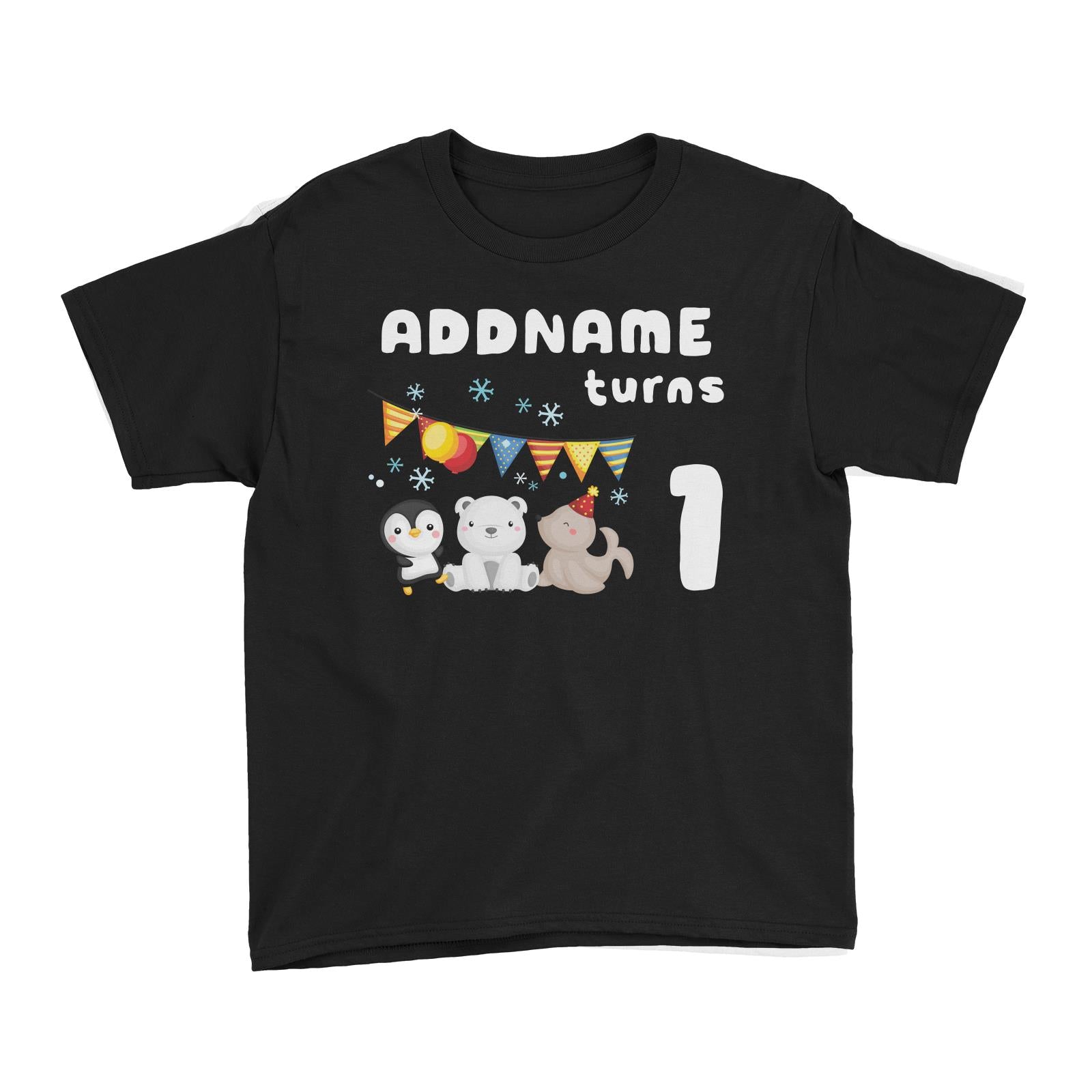 Birthday Winter Animals Penguin Polar Bear And Seal Party Addname Turns 1 Kid's T-Shirt