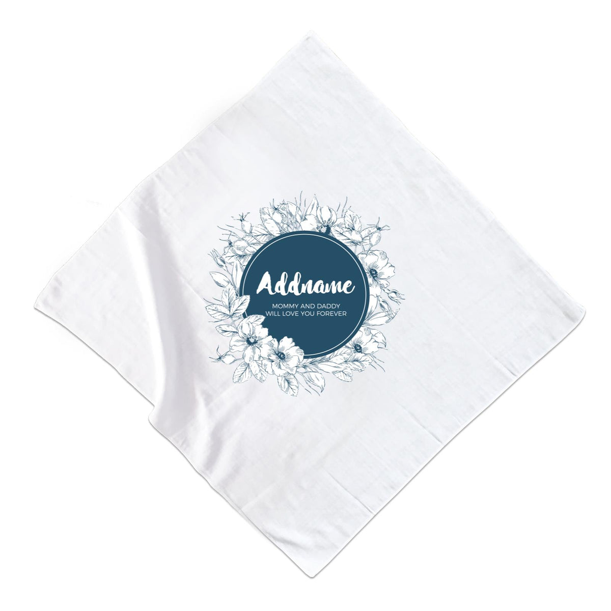 Navy Blue Flower Wreath Personalizable with Name and Text Muslin Square