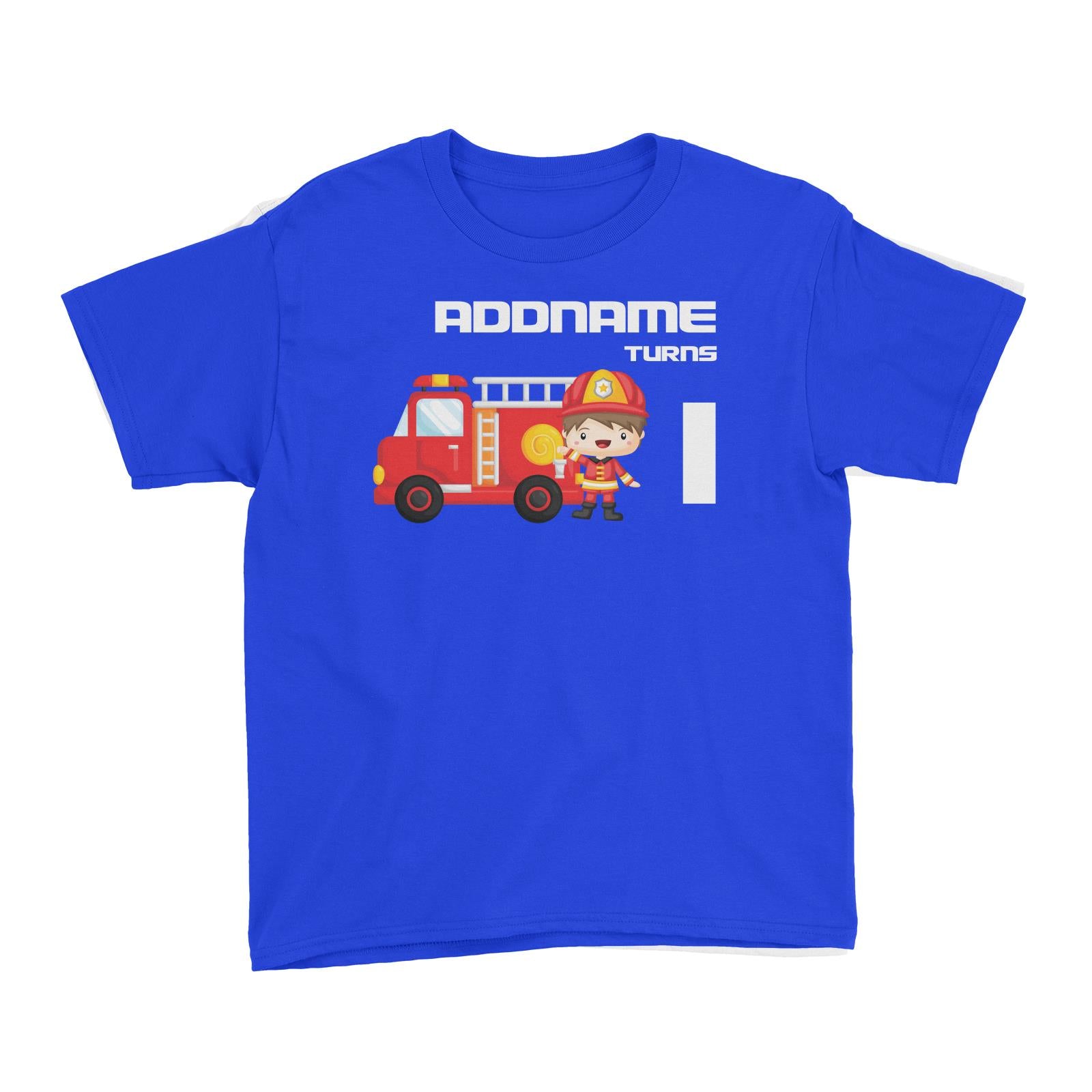 Birthday Firefighter Boy With Firetruck Addname Turns 1 Kid's T-Shirt