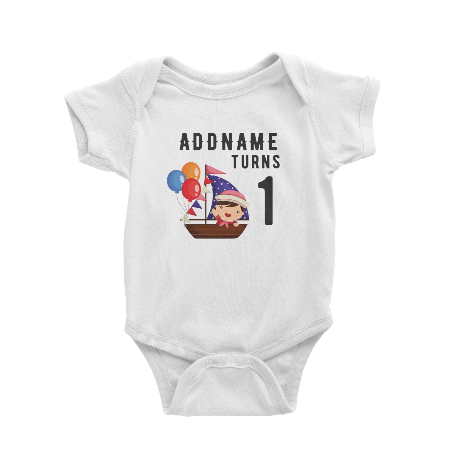 Birthday Sailor Baby Girl In Ship With Balloon Addname Turns 1 Baby Romper