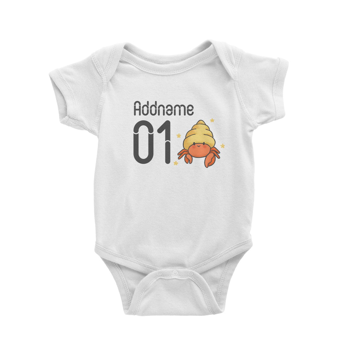 Name and Number Cute Hand Drawn Style Hermit Crab Baby Romper