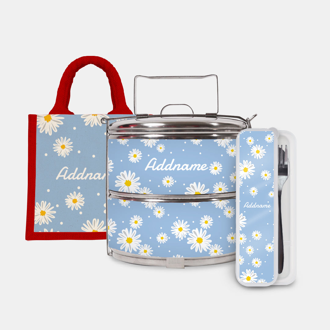 Daisy Series Half Lining Lunch Bag, Standard Two Tier Tiffin Carrier And Cutlery Set - Frost Red
