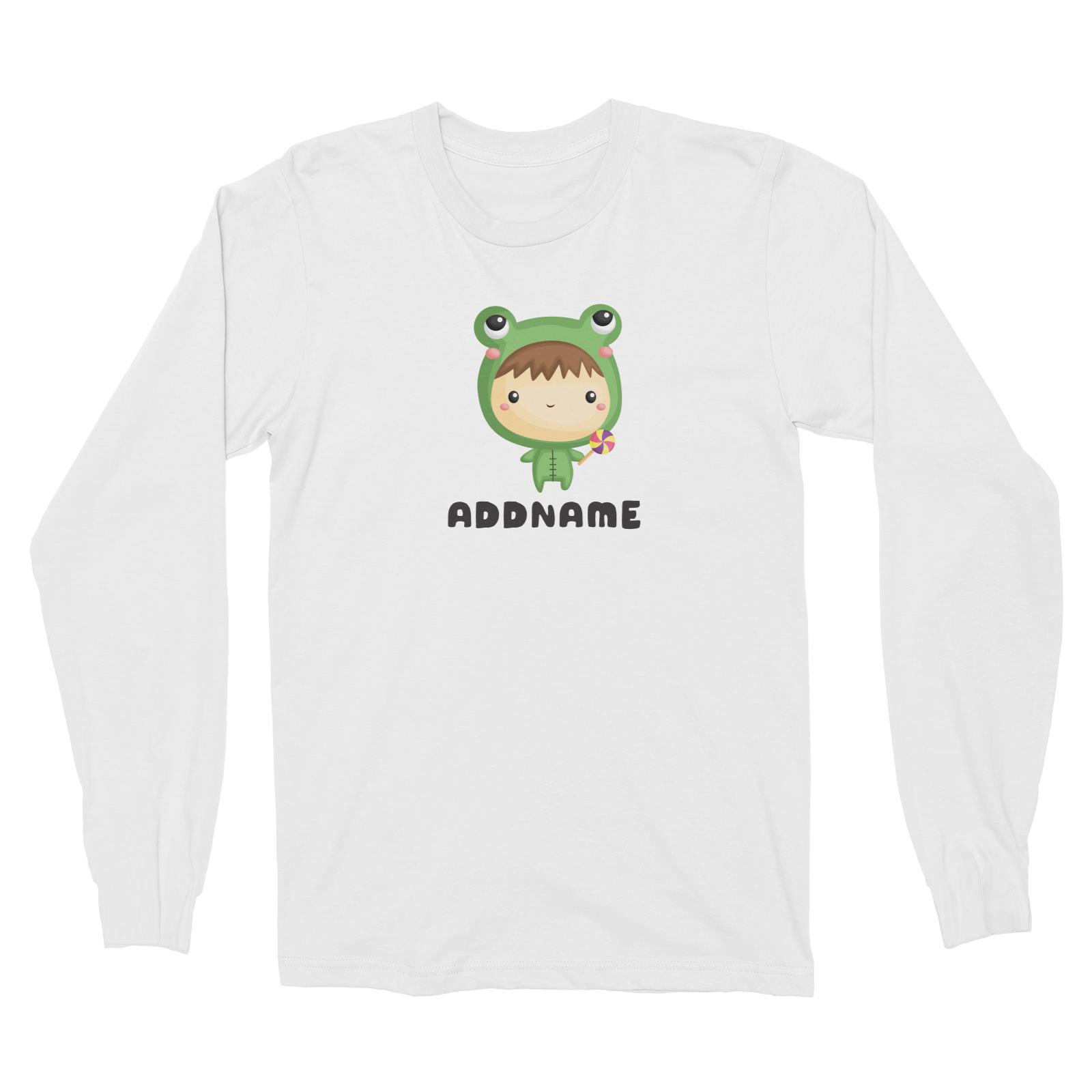 Birthday Frog Baby Boy Wearing Frog Suit Holding Lolipop Addname Long Sleeve Unisex T-Shirt