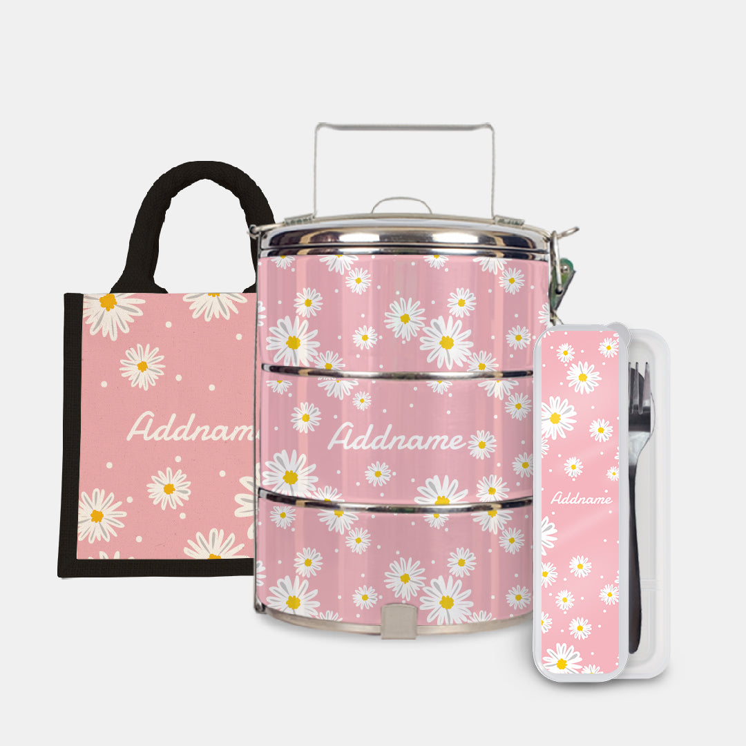 Daisy Series Half Lining Lunch Bag, Standard Tiffin Carrier And Cutlery Set - Blush Black