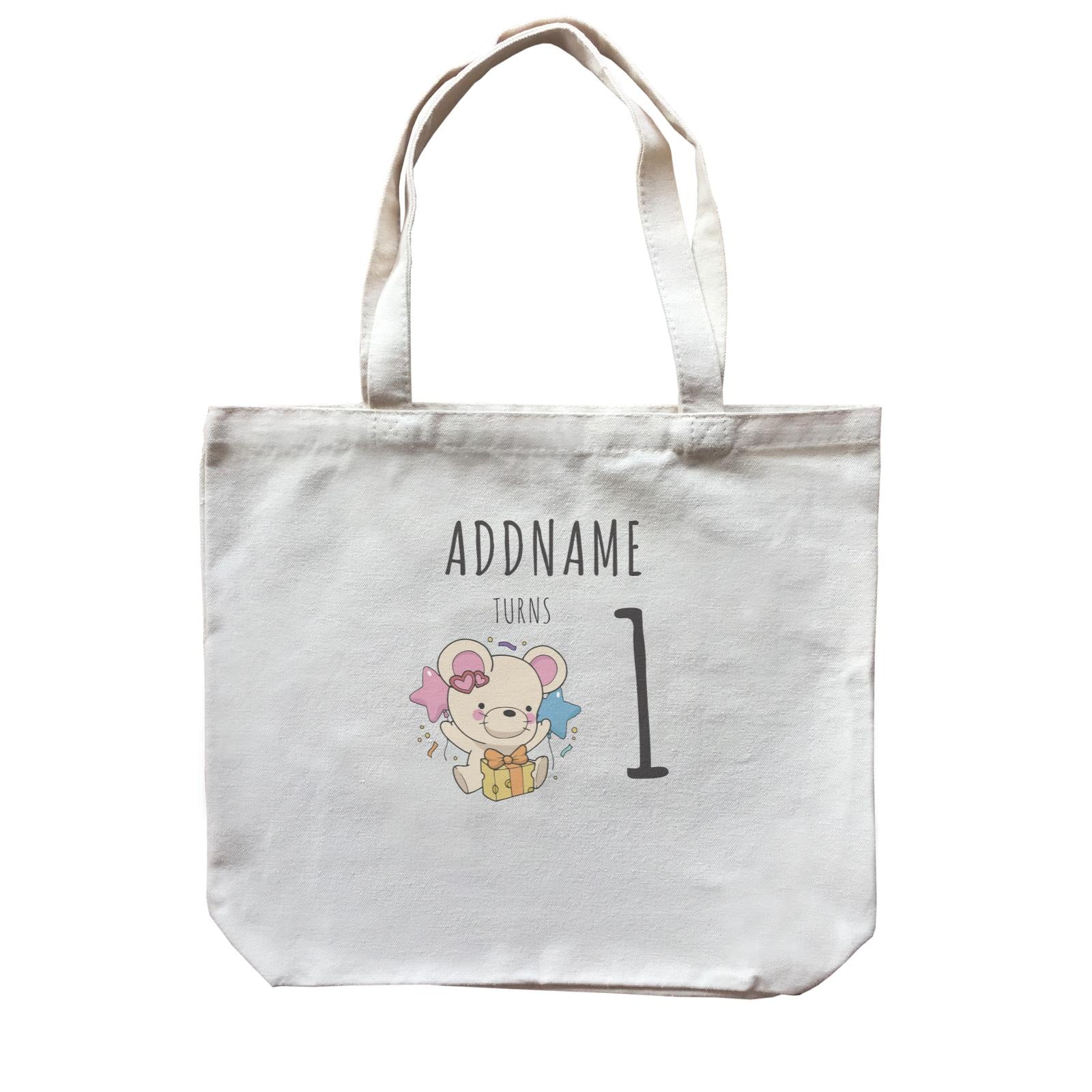 Birthday Sketch Animals Mouse with Cheese Present Addname Turns 1 Canvas Bag
