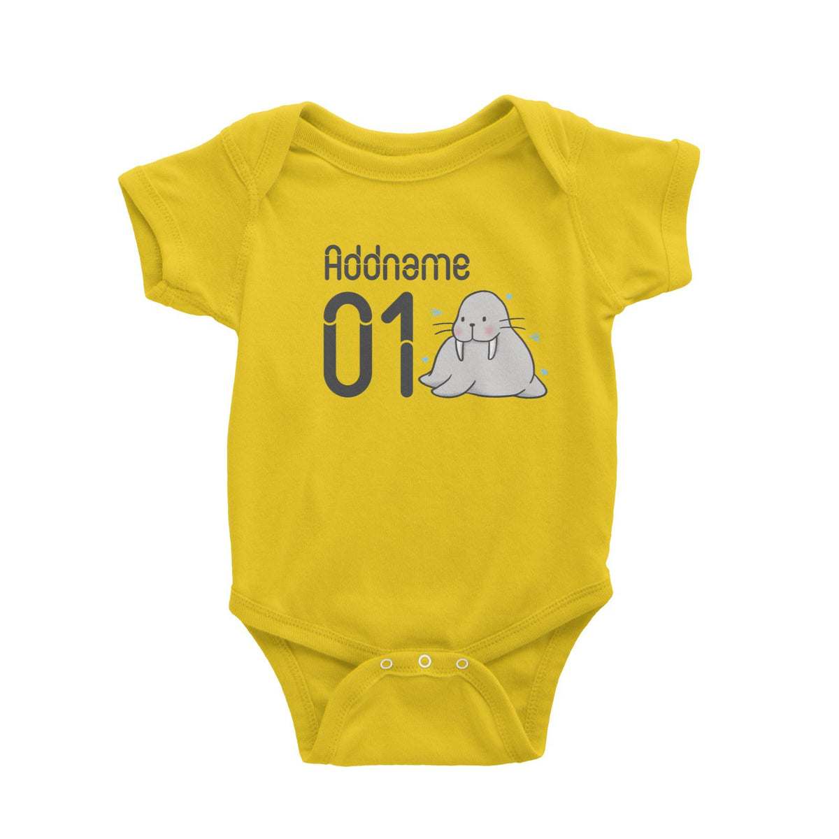 Name and Number Cute Hand Drawn Style Walrus Baby Romper