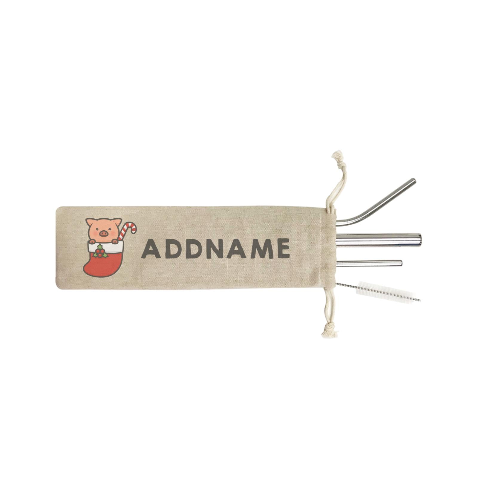 Xmas Cute Pig In Christmas Sock Addname SB 4-in-1 Stainless Steel Straw Set In a Satchel