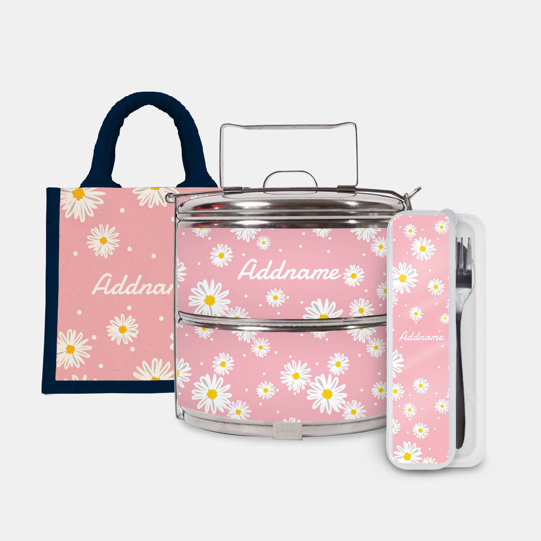 Daisy Series Half Lining Lunch Bag, Standard Two Tier Tiffin Carrier And Cutlery Set - Blush Navy