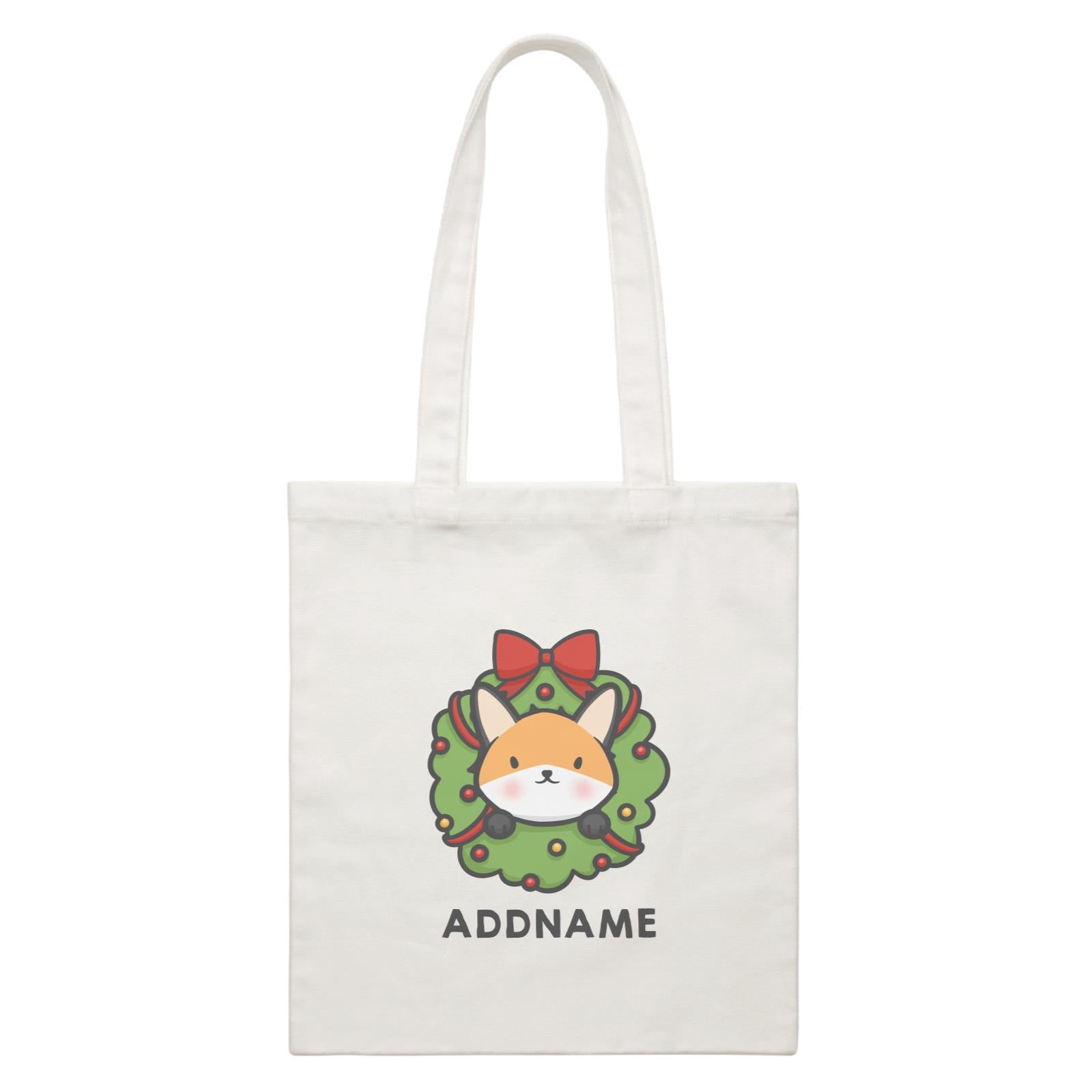 Xmas Cute Flower Wreath Fox Addname White Canvas Bag