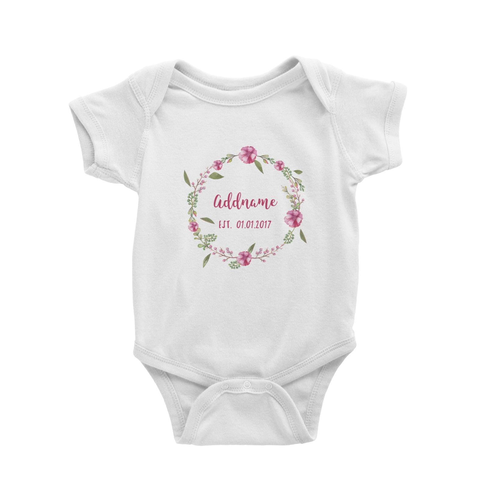 Add Name and Add Date in Pink Flower Wreath Baby Romper