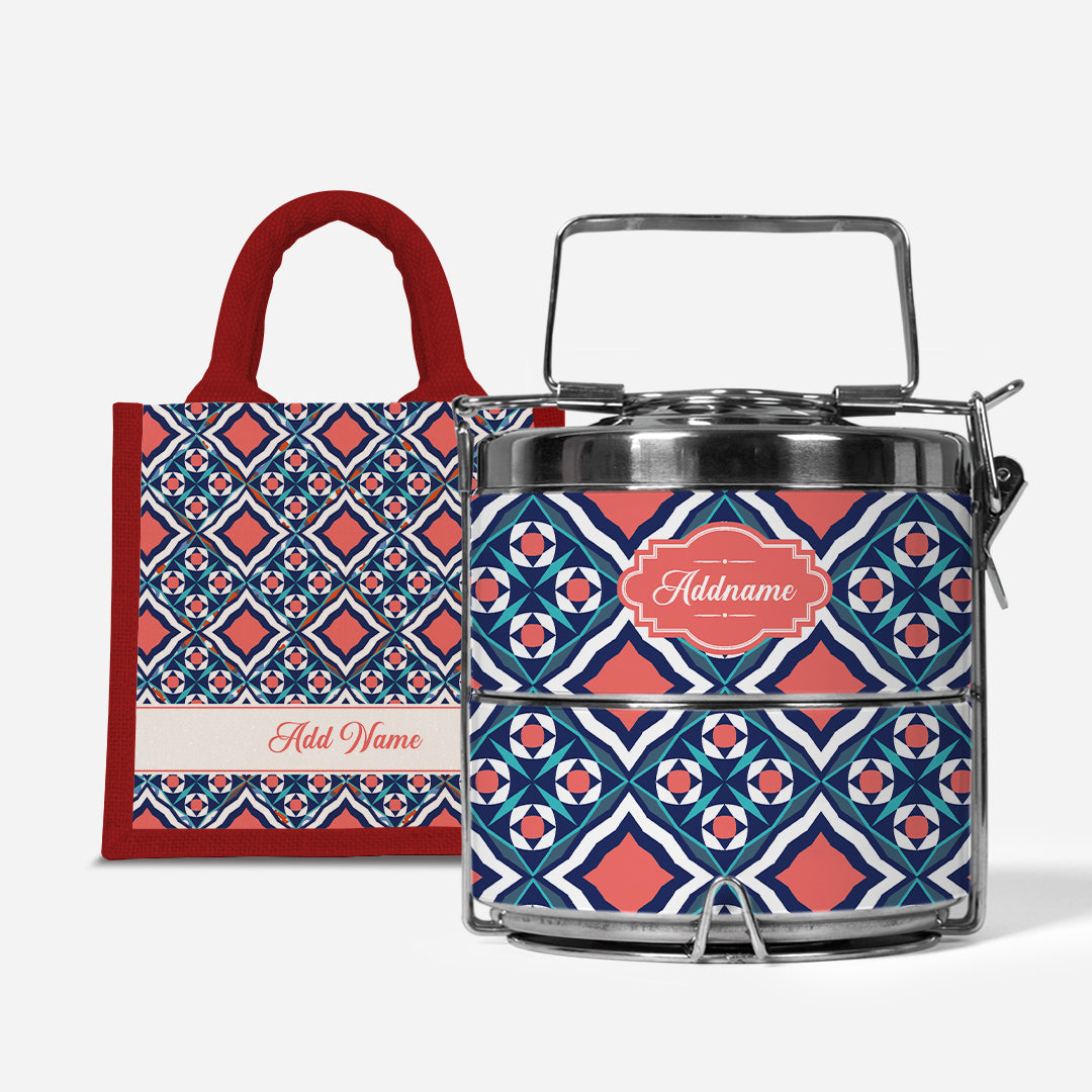 Moroccan Series Premium Two Tier Tiffin With Half Lining Lunch Bag  - Chihab Red