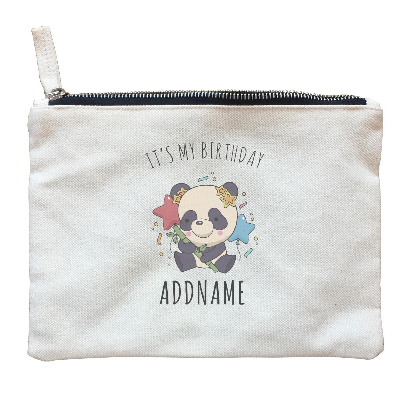 Birthday Sketch Animals Panda with Party Hat Holding Bamboo It's My Birthday Addname Zipper Pouch
