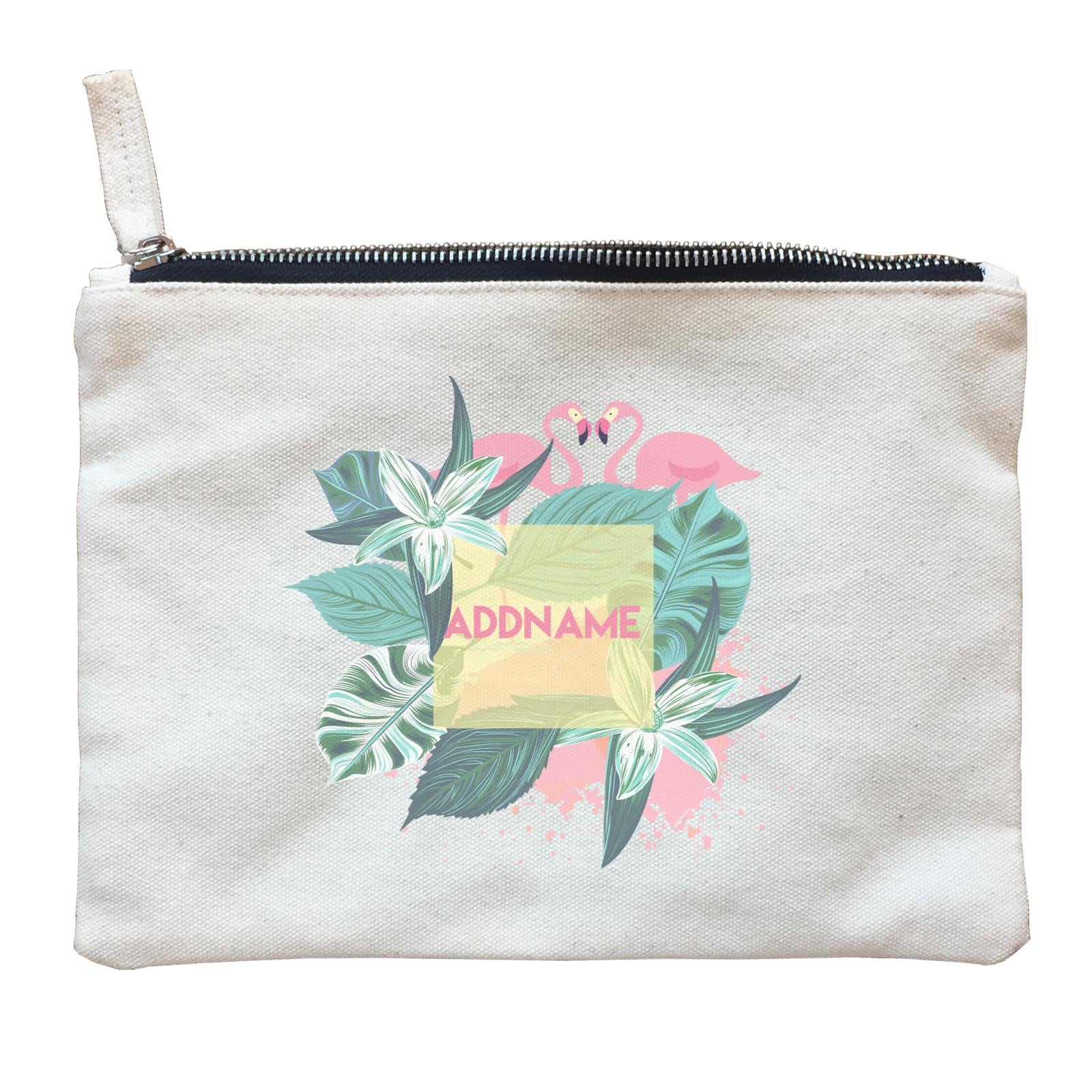 Tropical Leaves with Flamingoes Addname Zipper Pouch